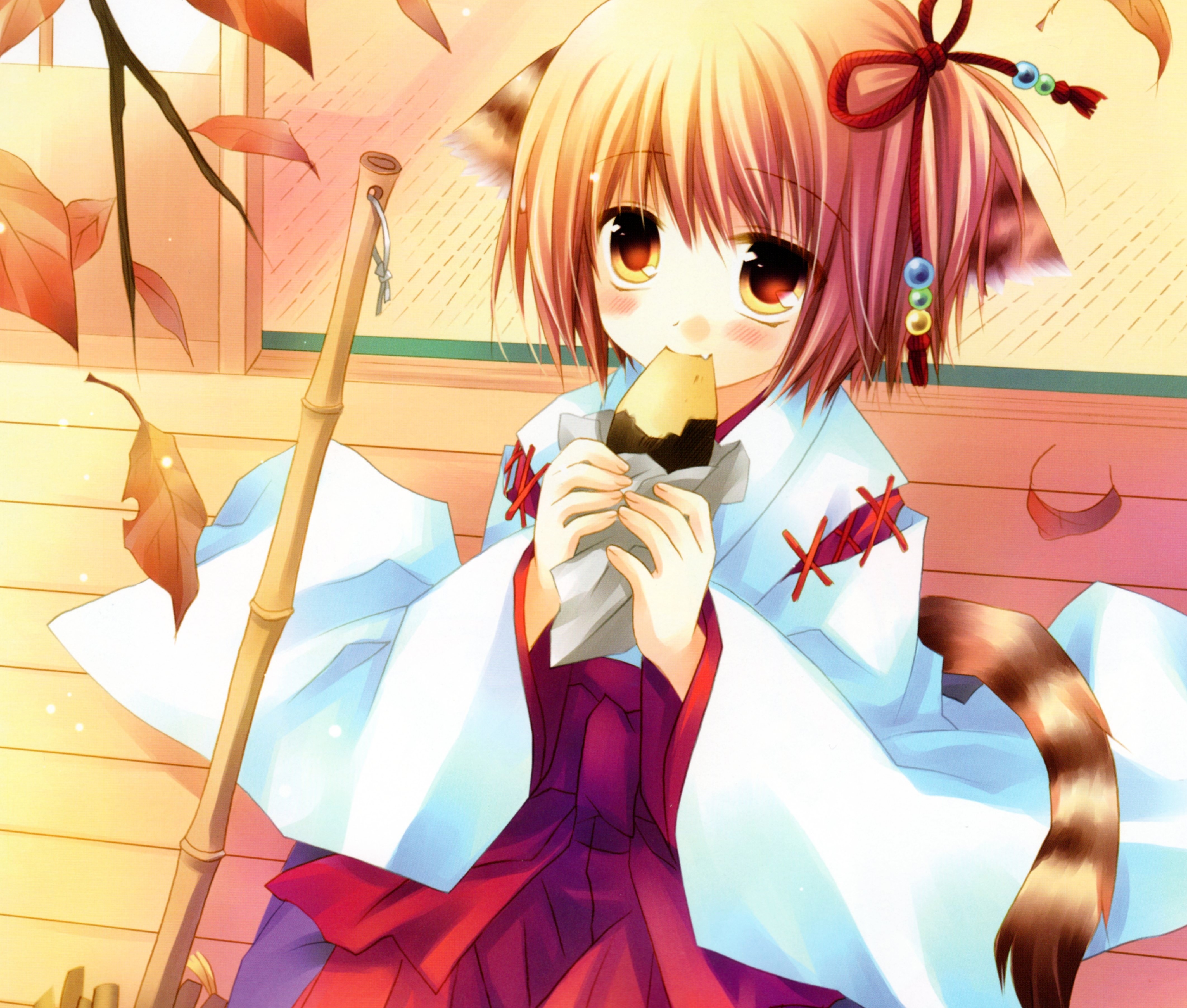 anime, original, broom, brown hair, cat girl, leaf, miko outfit, orange eyes, ribbon, short hair, tail