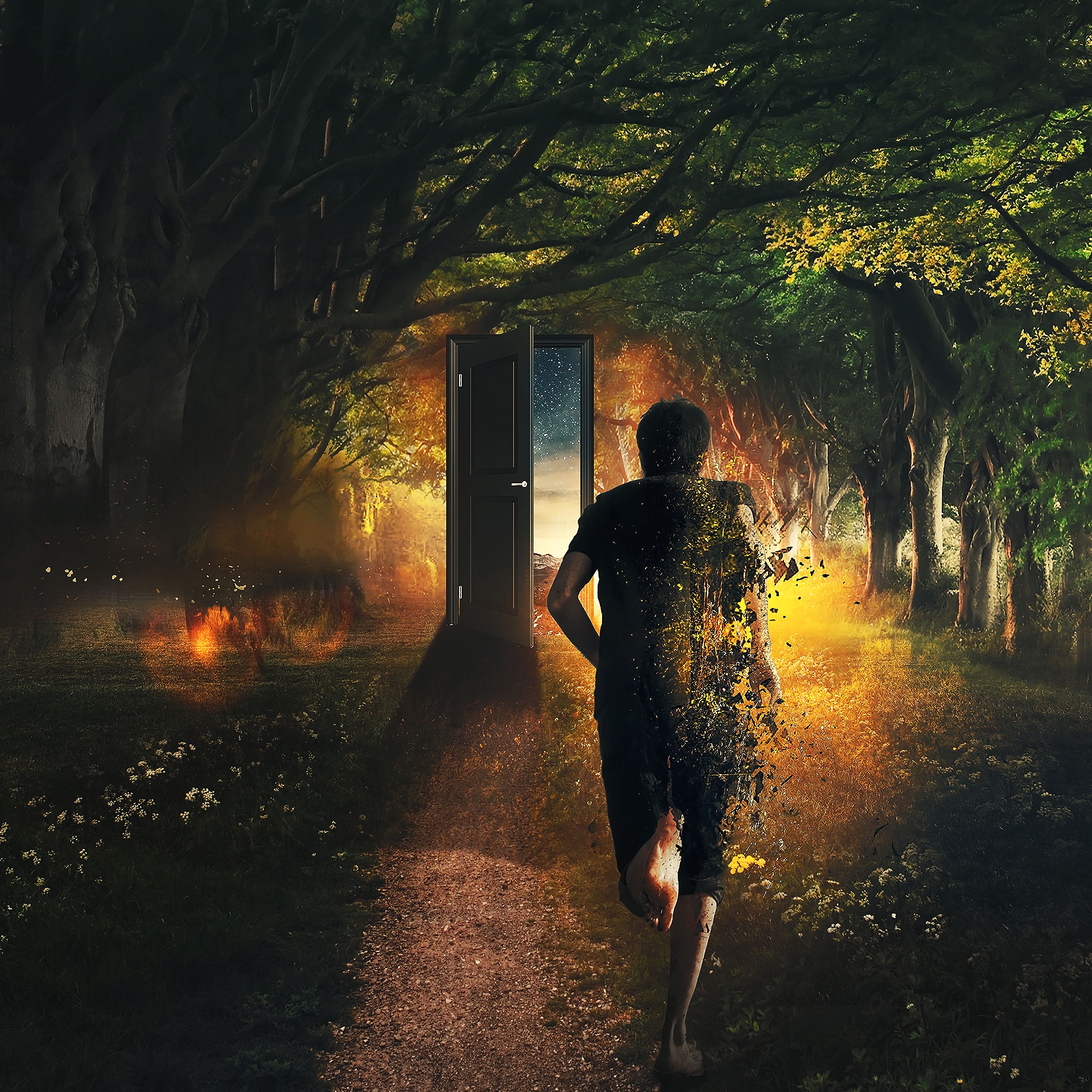 it's time, time, running, run, imagination, door, human, art, forest, person 1080p