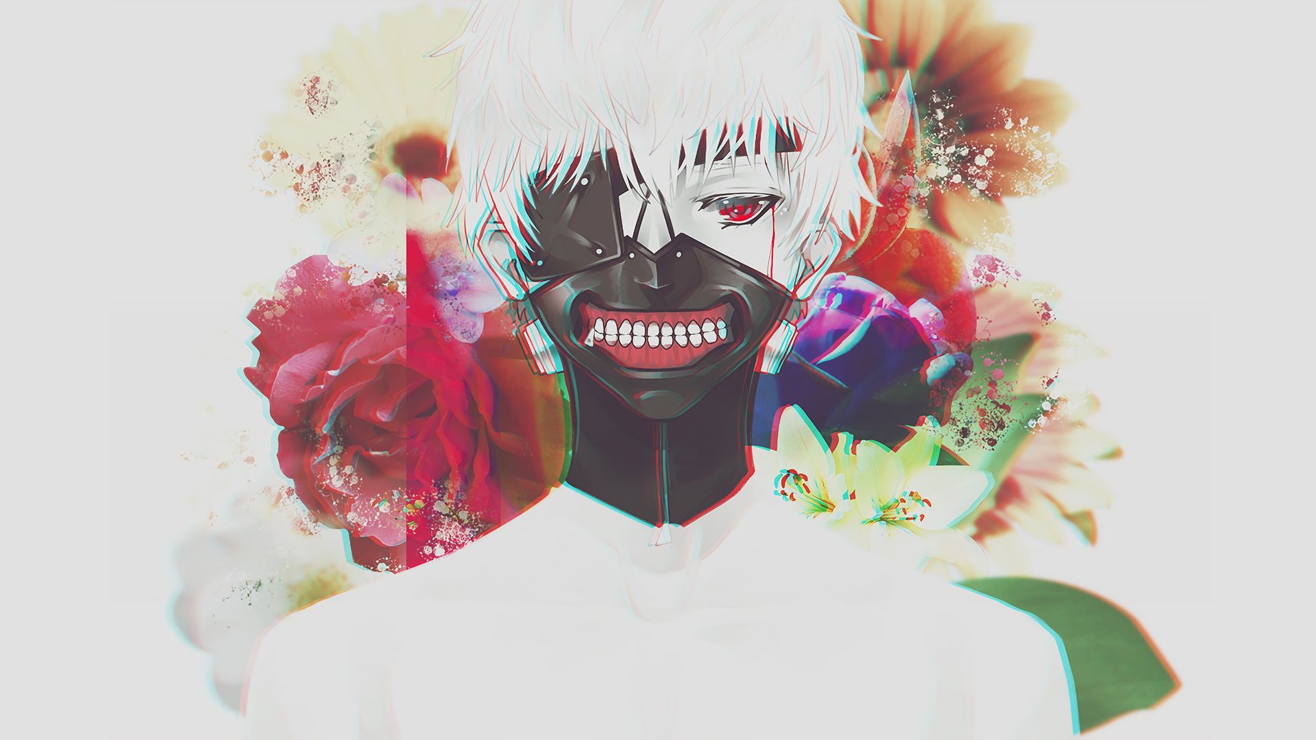 anime, tokyo ghoul, flower, ken kaneki, mask, red eyes, short hair, tears, teeth, white hair phone background