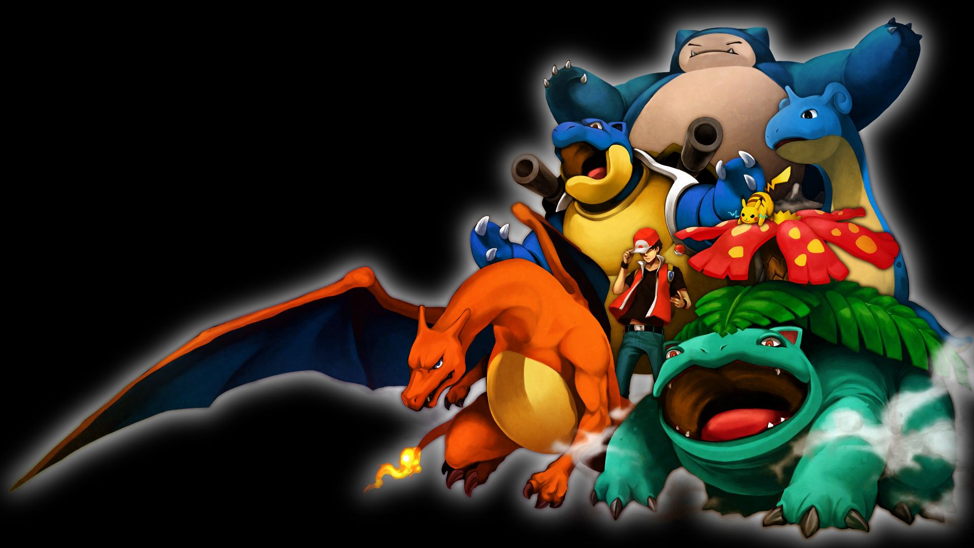 pokémon, venusaur (pokémon), pikachu, video game, pokemon: red and blue, blastoise (pokémon), charizard (pokémon), lapras (pokémon), red (pokémon), snorlax (pokémon)