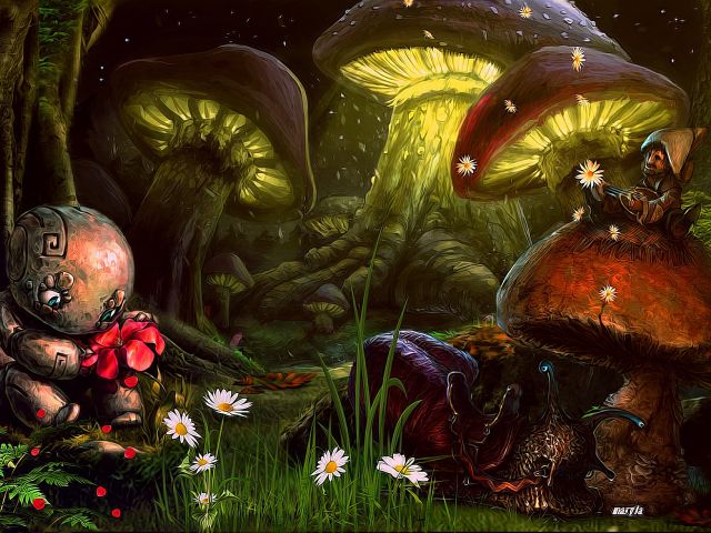 1390751 скачать обои гриб, фэнтези, лес, цветок, миниатюрный - заставки и картинки бесплатно