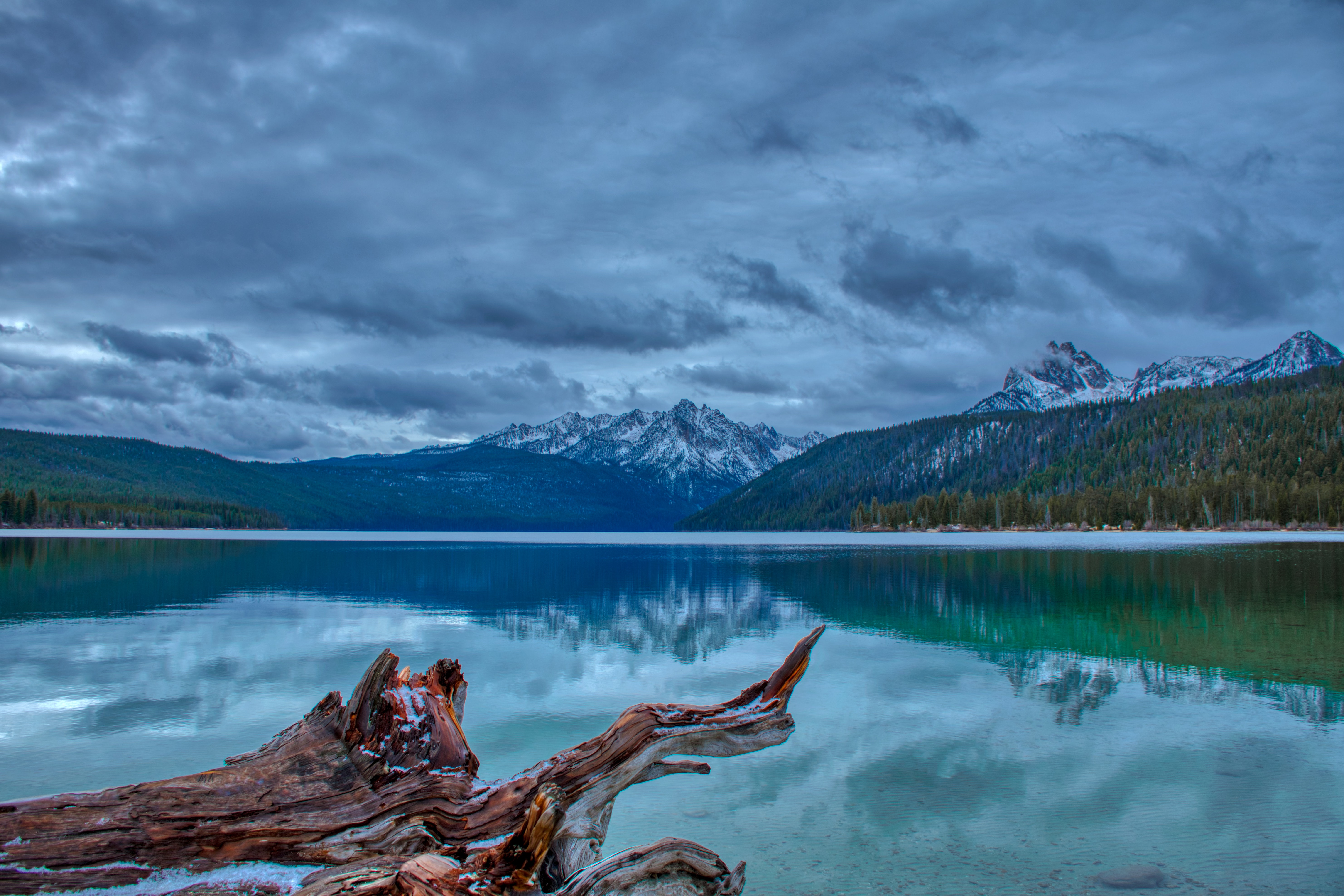 Download mobile wallpaper Reflection, Log, Mountain, Lake, Nature, Landscape for free.