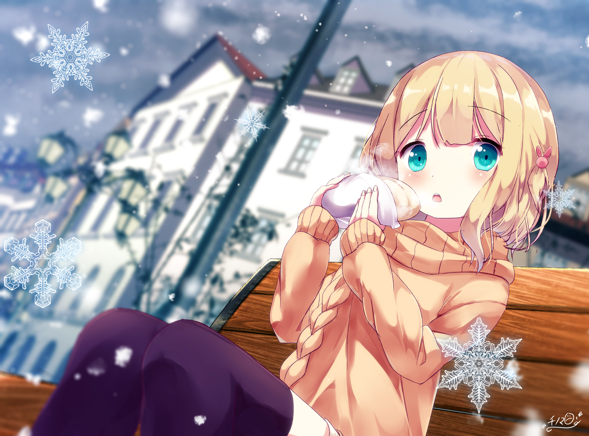 anime, is the order a rabbit?, bench, blonde, blush, food, sharo kirima, snow, sweater, thigh highs High Definition image