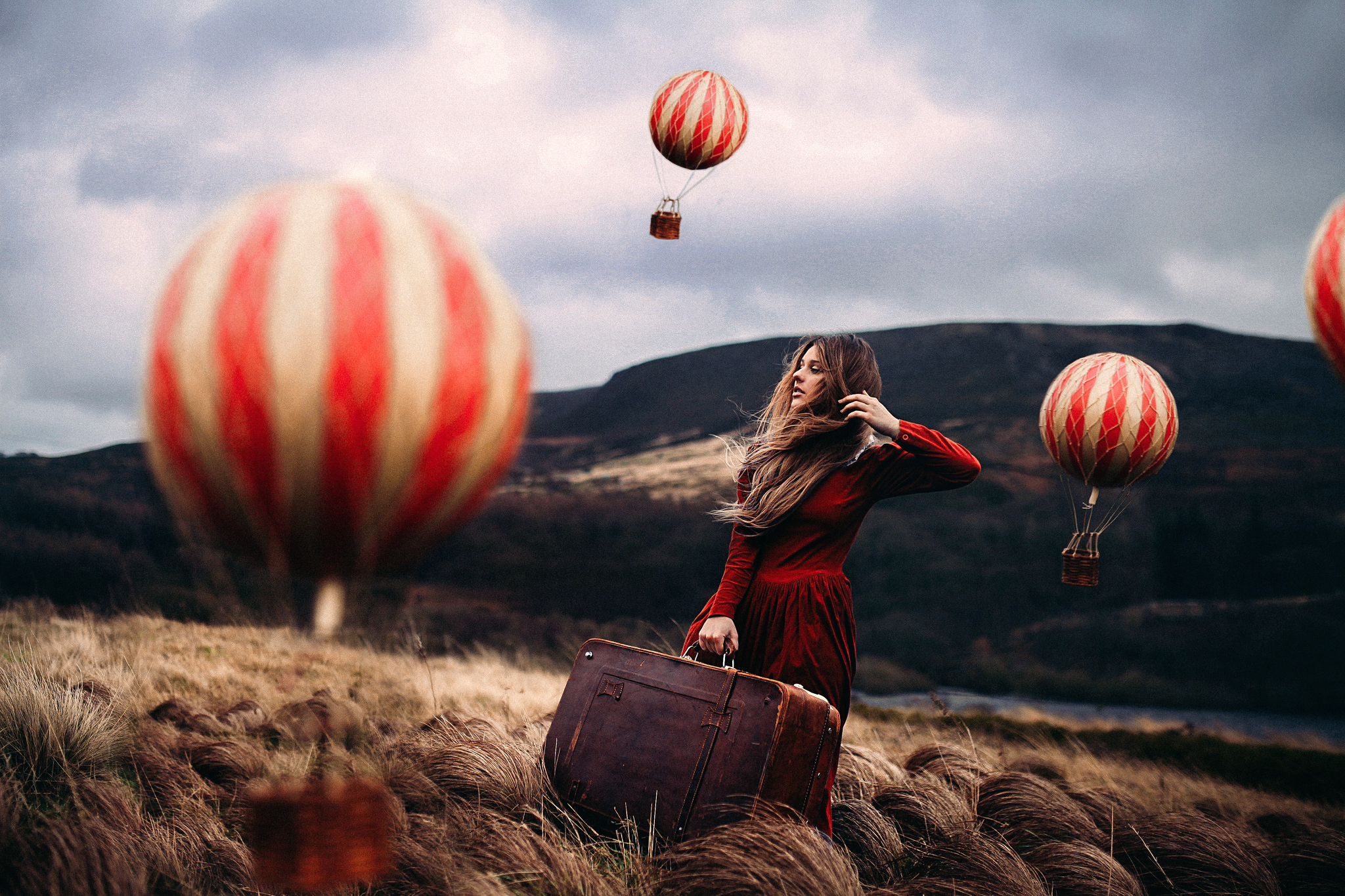 women, mood, hot air balloon, landscape, outdoor, red dress, suitcase