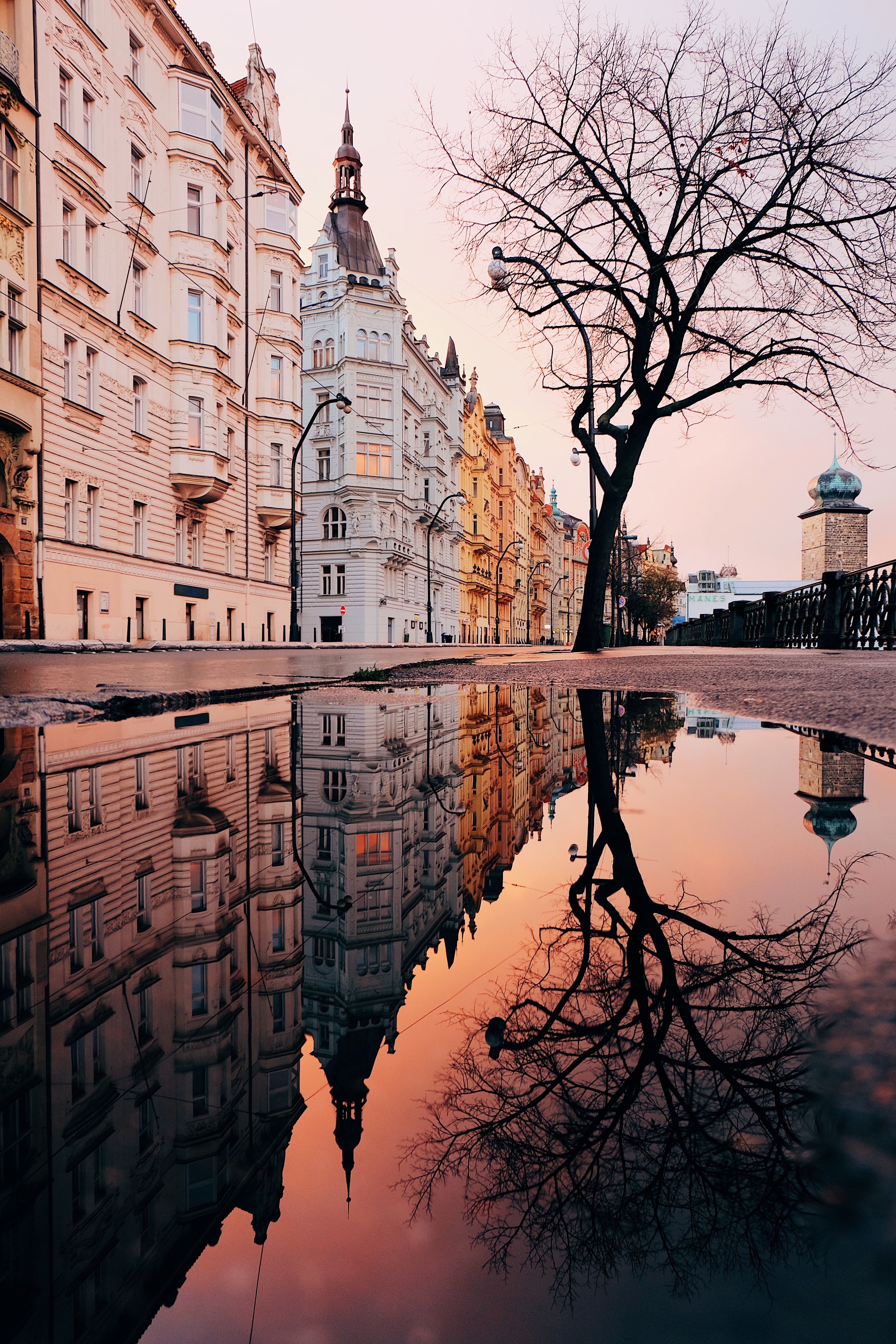 architecture, prague, czech republic, czechia, cities, city, reflection, puddle