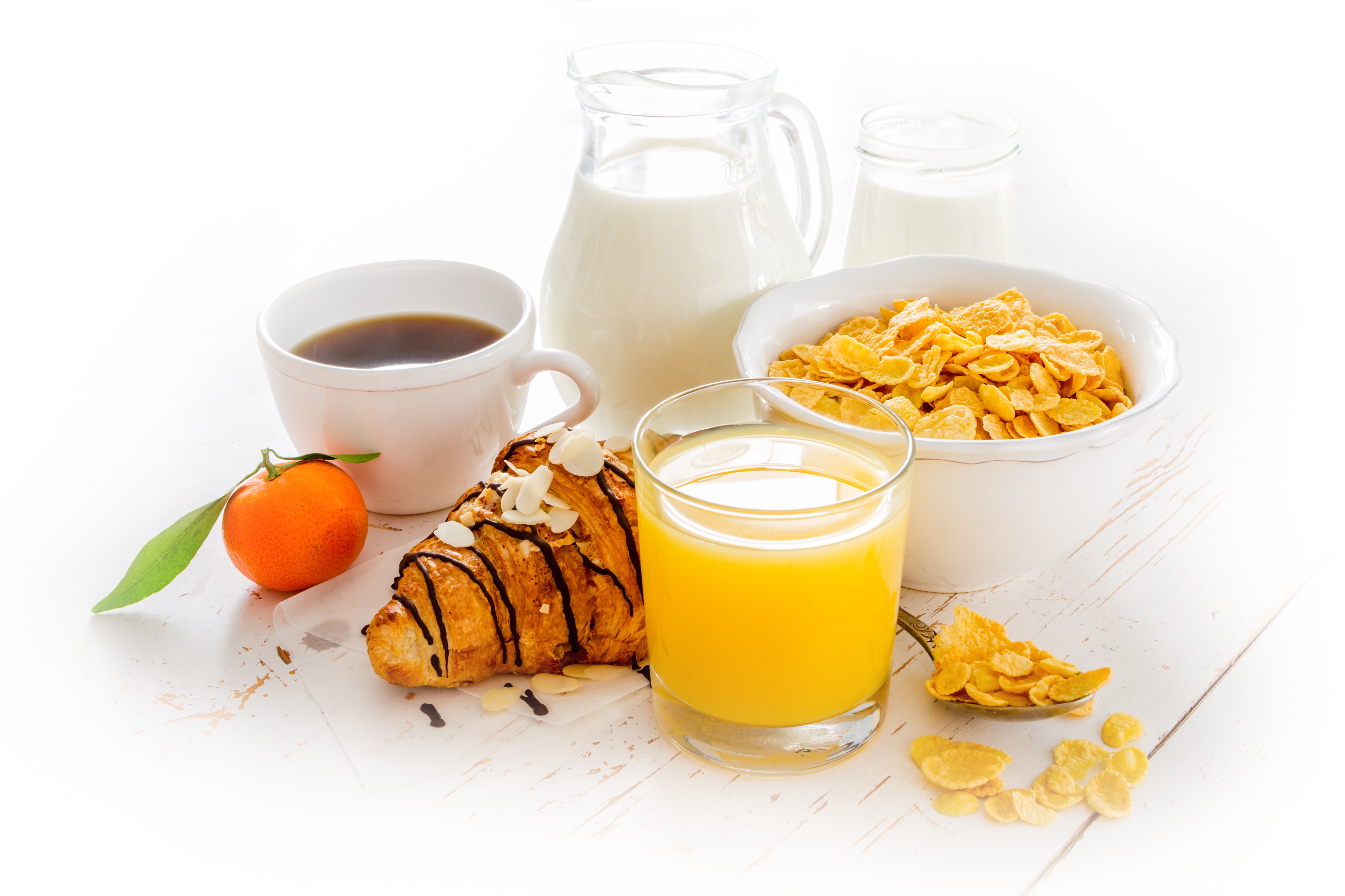 food, breakfast, cereal, coffee, croissant, juice, milk, still life cellphone