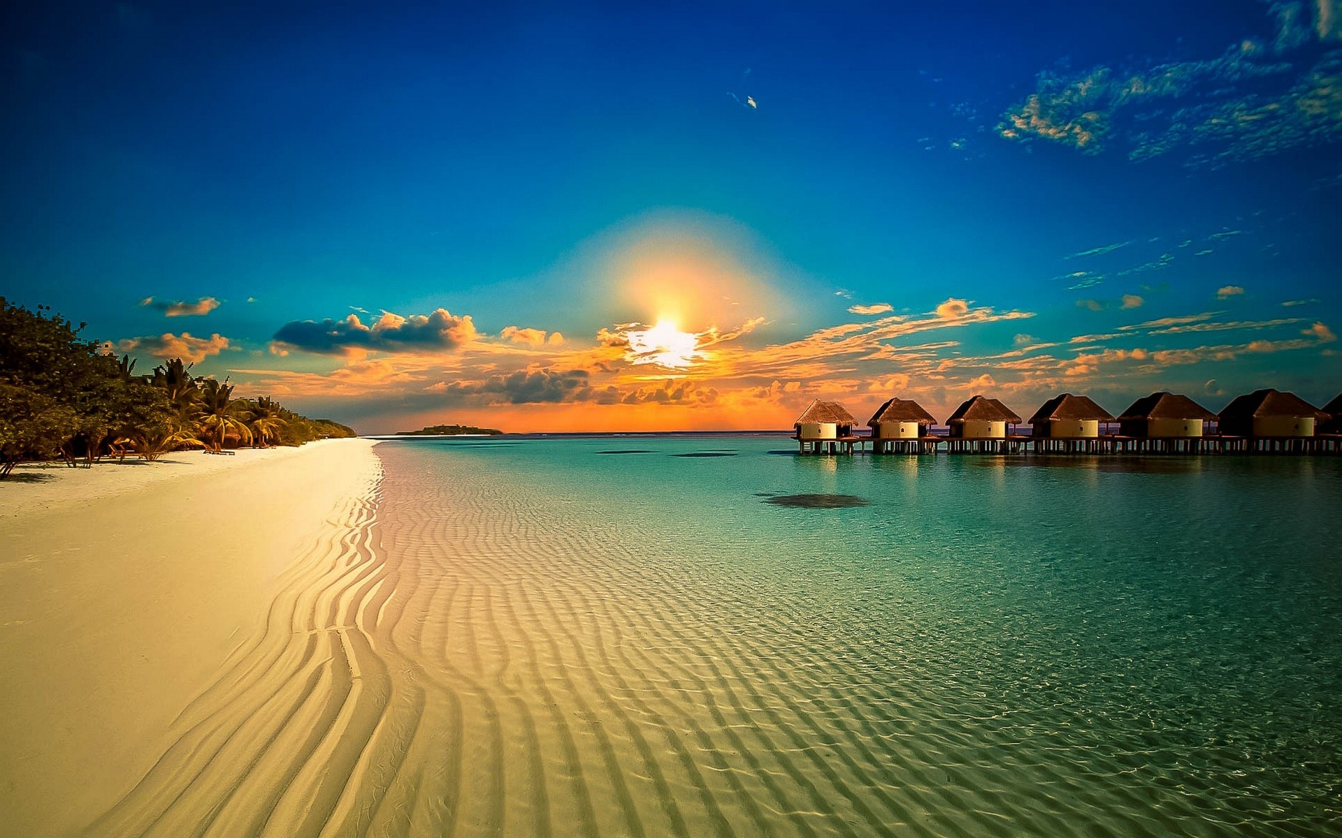 sand, man made, resort, beach, bungalow, horizon, hut, ocean, sunset, tropical