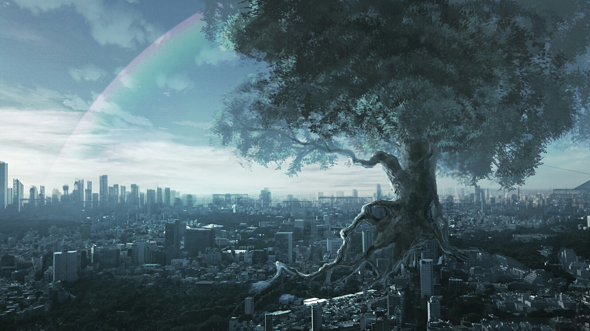 Baixar papel de parede para celular de Anime, Céu, Arco Íris, Cidade, Árvore, Nuvem, Original gratuito.