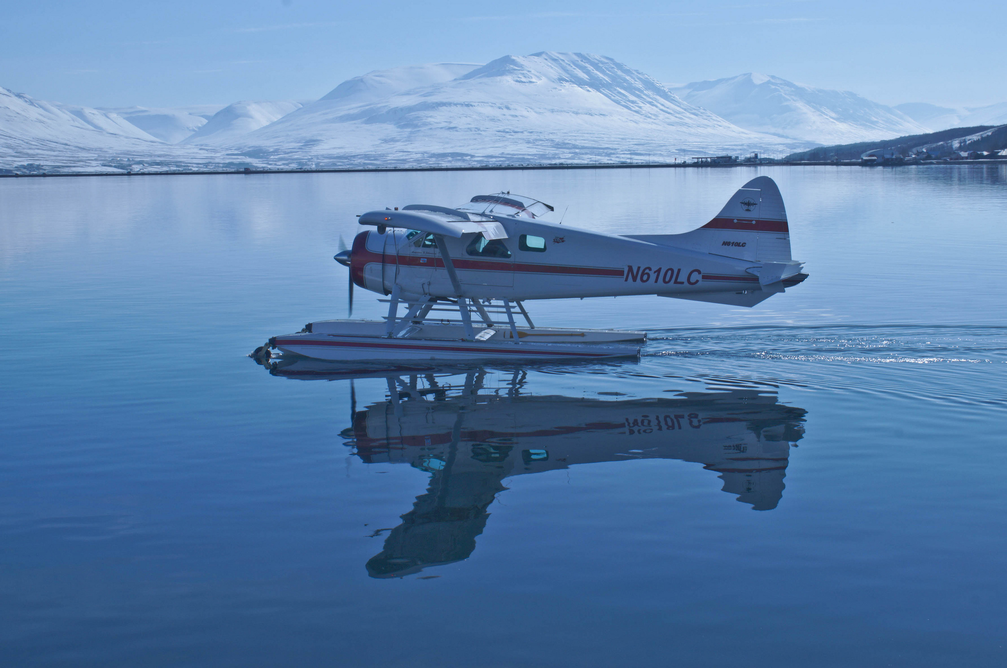 sweden, dhc 2 beaver, vehicles, aircraft, airplane, de havilland, mountain, reflection, seaplane, snow, water, winter