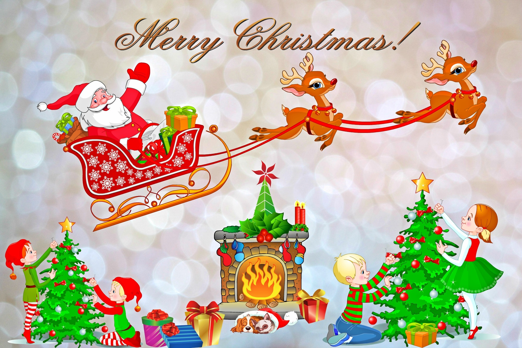 santa claus, reindeer, holiday, christmas, bokeh, merry christmas, sleigh