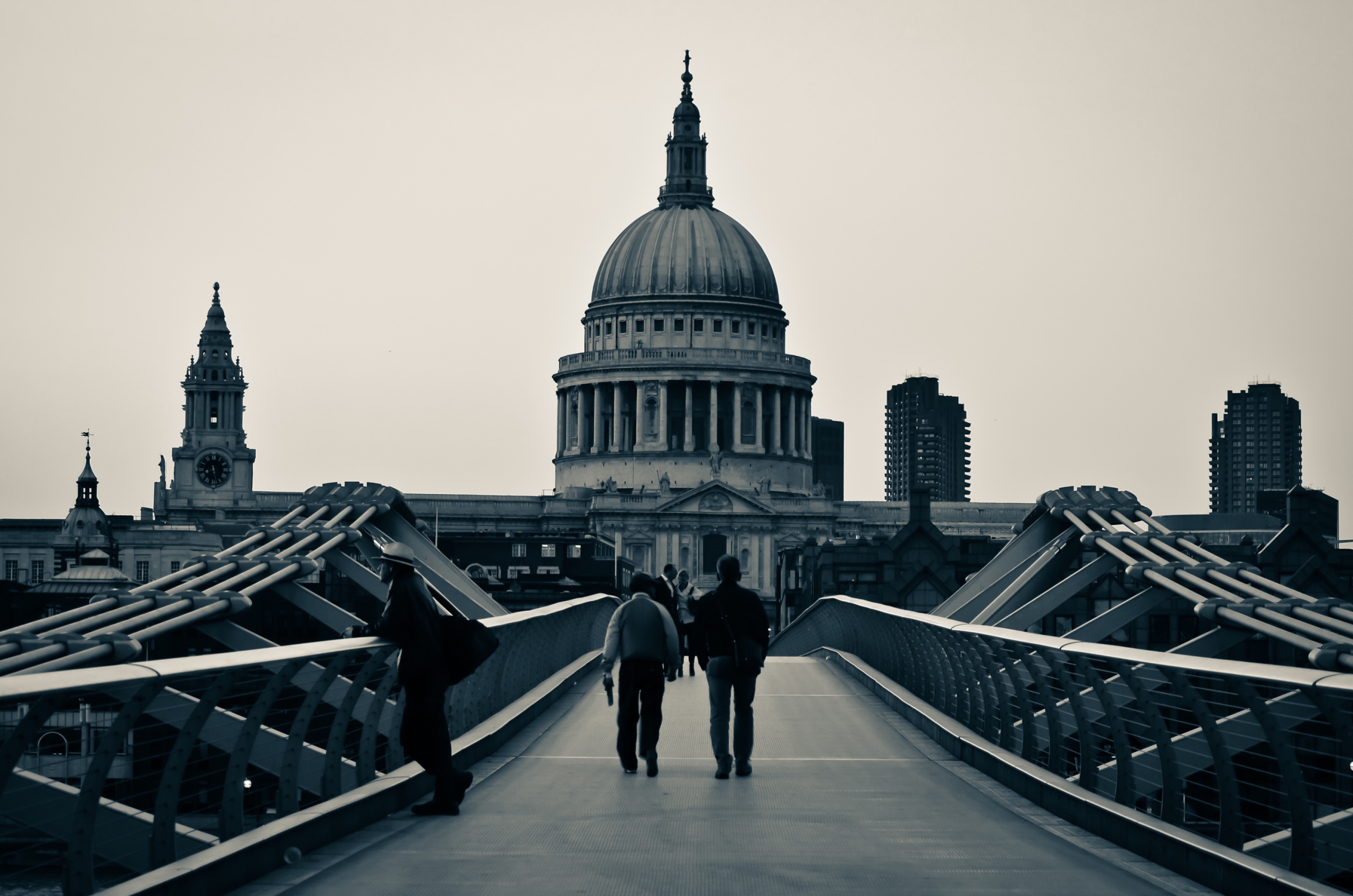 london, man made, millennium bridge, black & white, bridge, building, st paul's cathedral, bridges