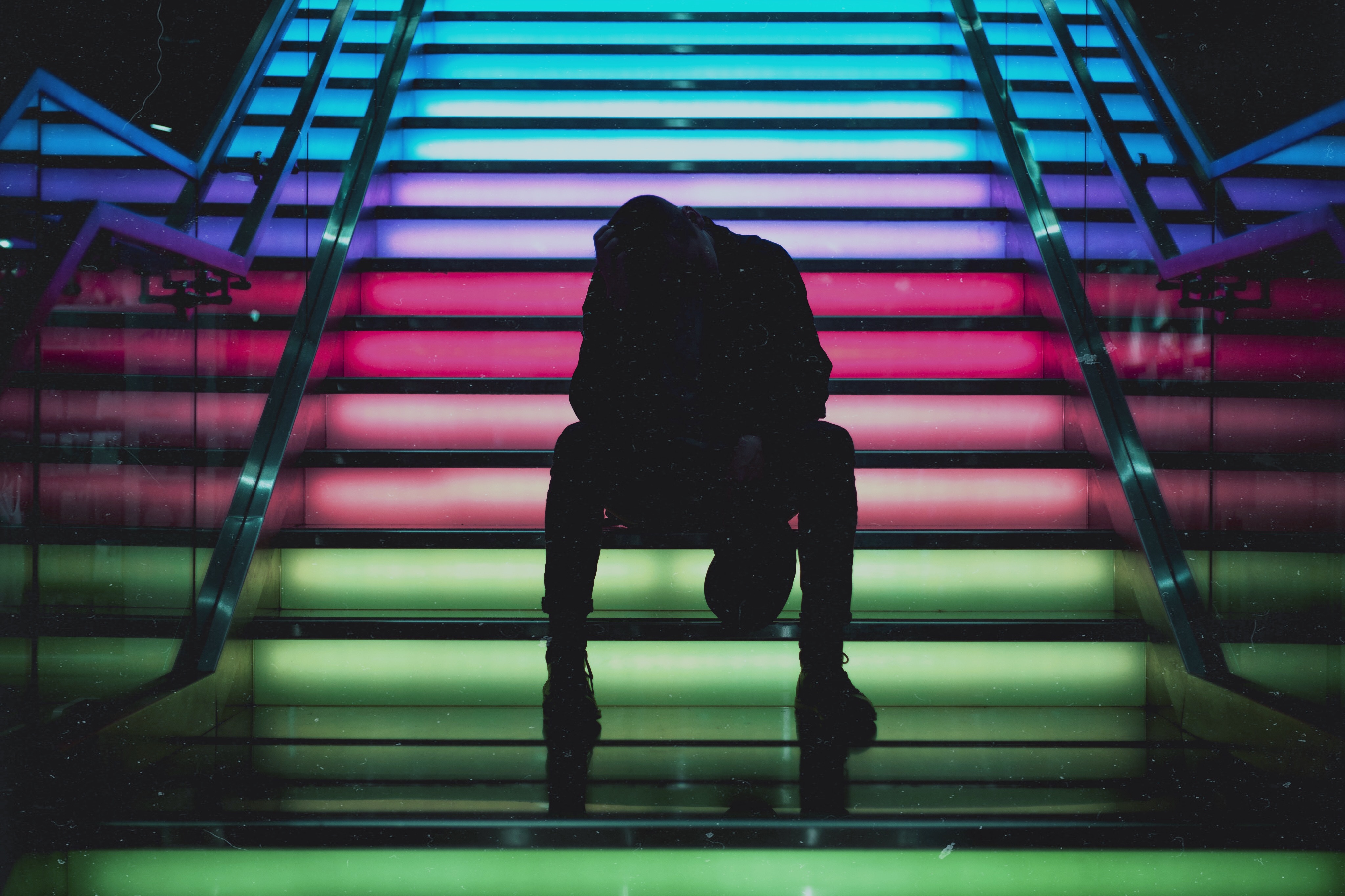Download mobile wallpaper Ladder, Stairs, Motley, Human, Person, Multicolored, Dark for free.