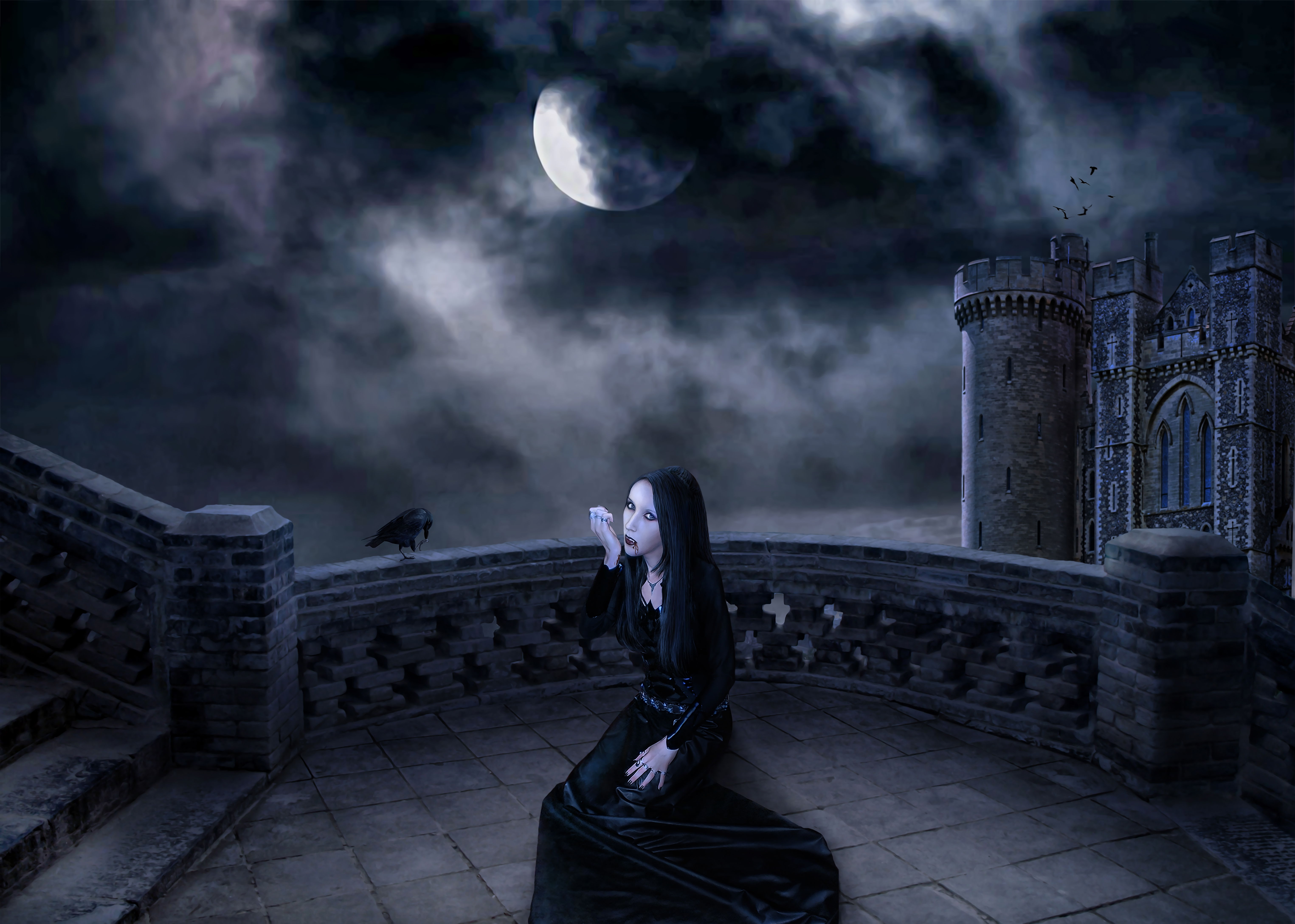 Download mobile wallpaper Fantasy, Gothic, Moon, Dark, Raven, Women for free.