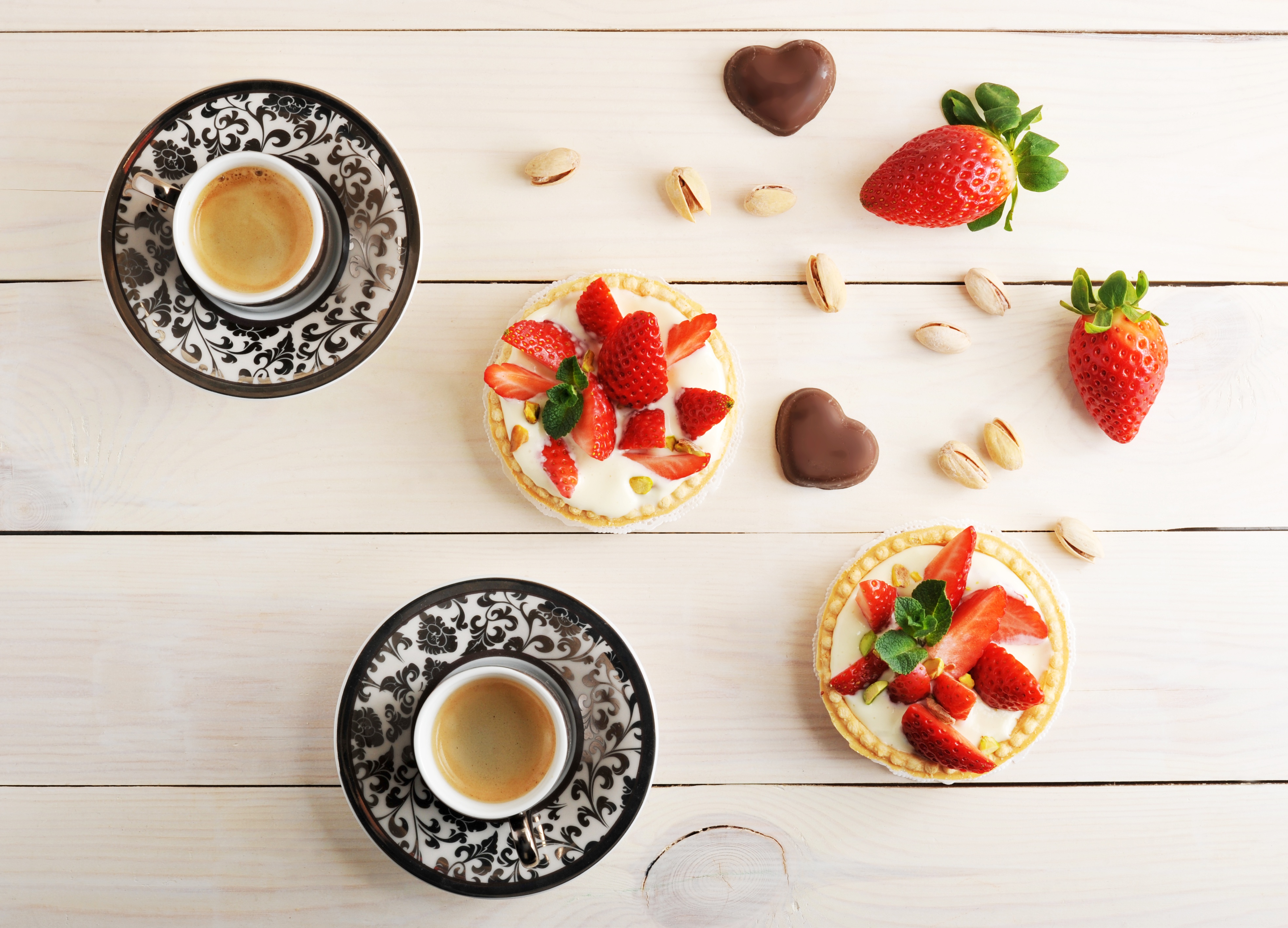 food, dessert, coffee, cup, pastry, still life, strawberry, tartlet