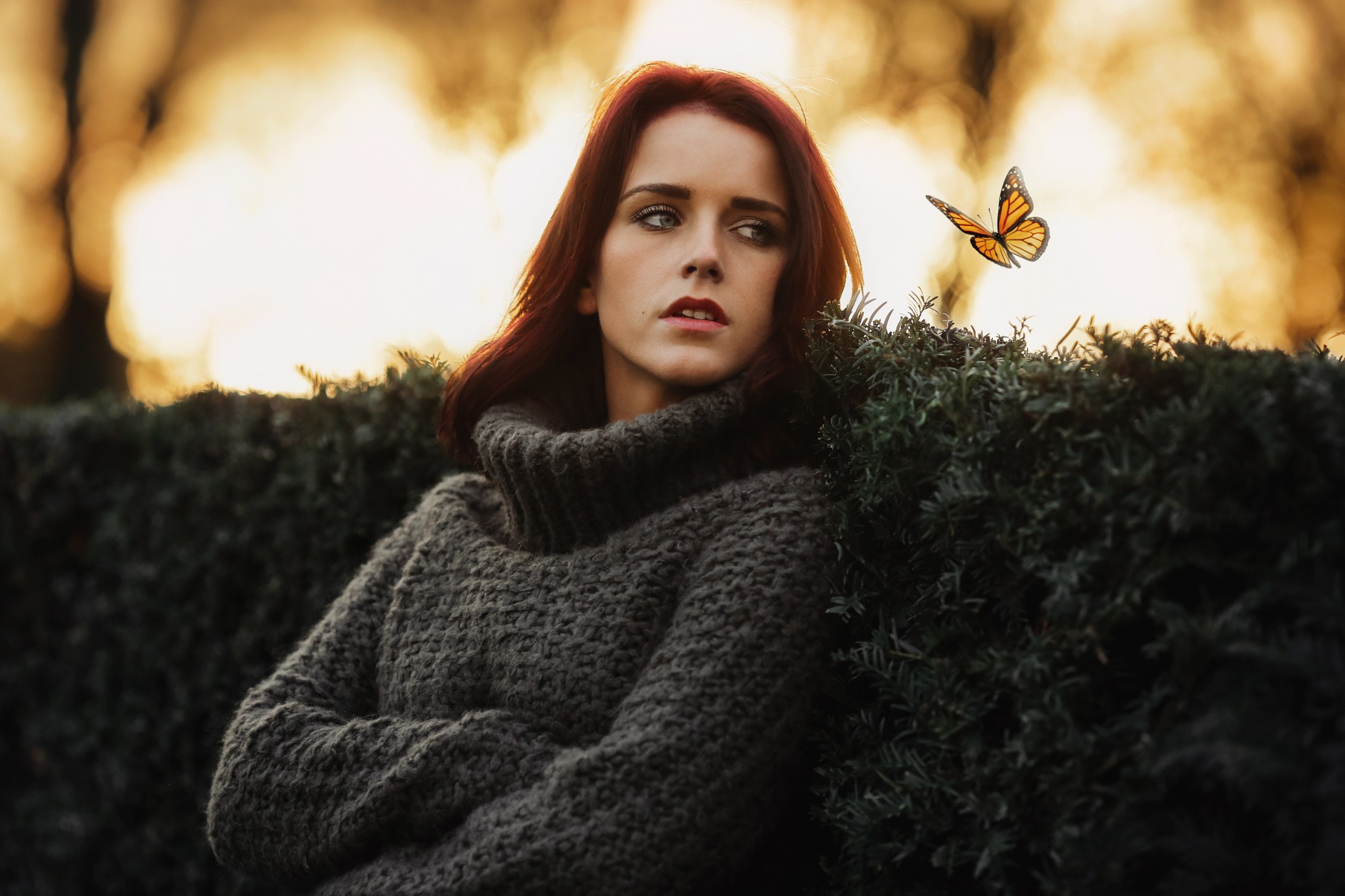 women, model, butterfly, monarch butterfly, red hair