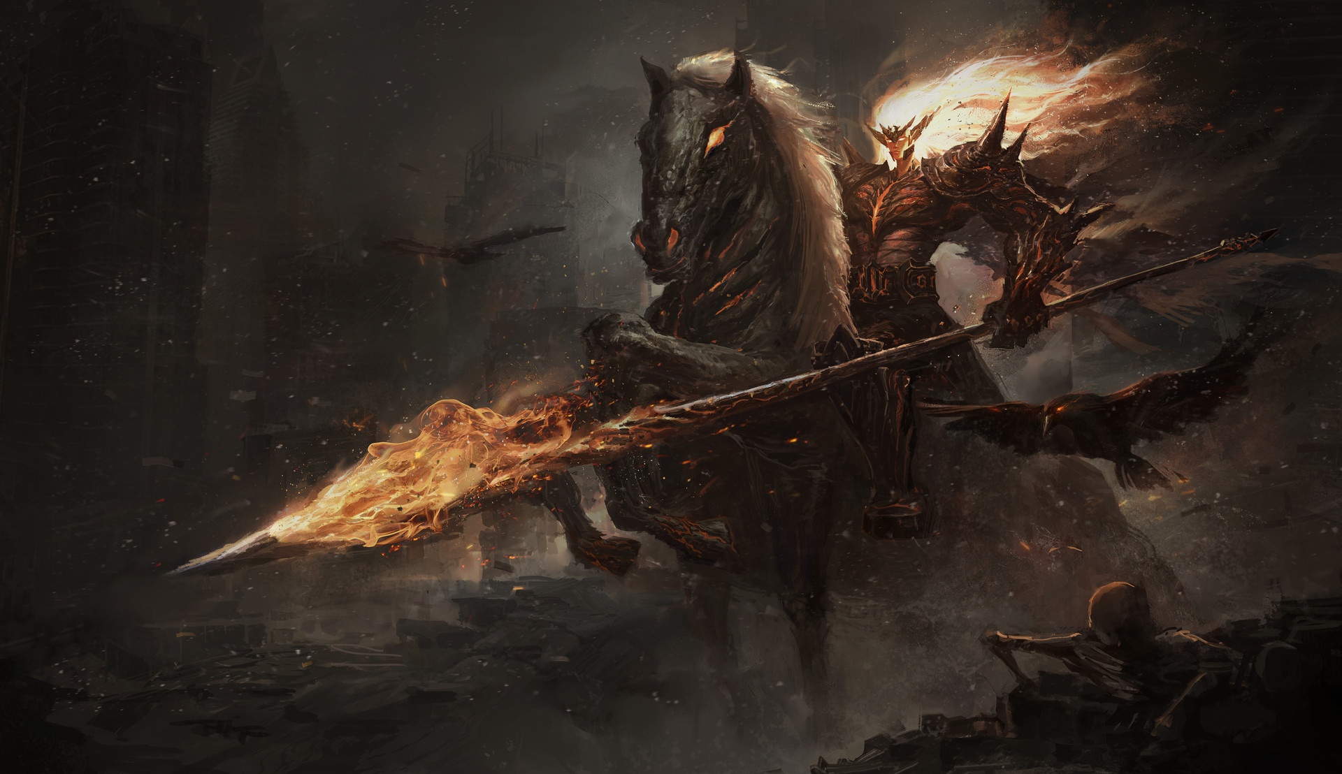 Download mobile wallpaper Dark, Warrior, Horse, Crow, Skeleton, Spear for free.