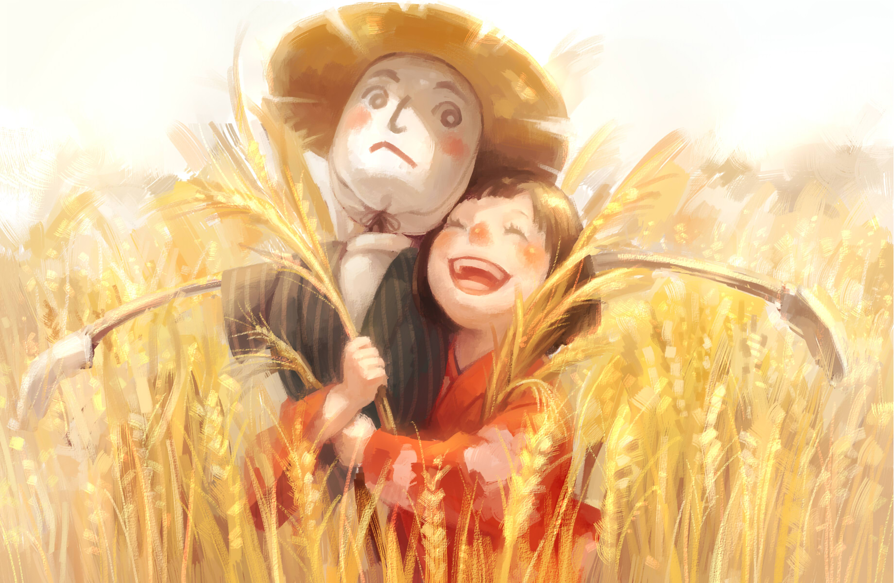 anime, original, scarecrow, wheat