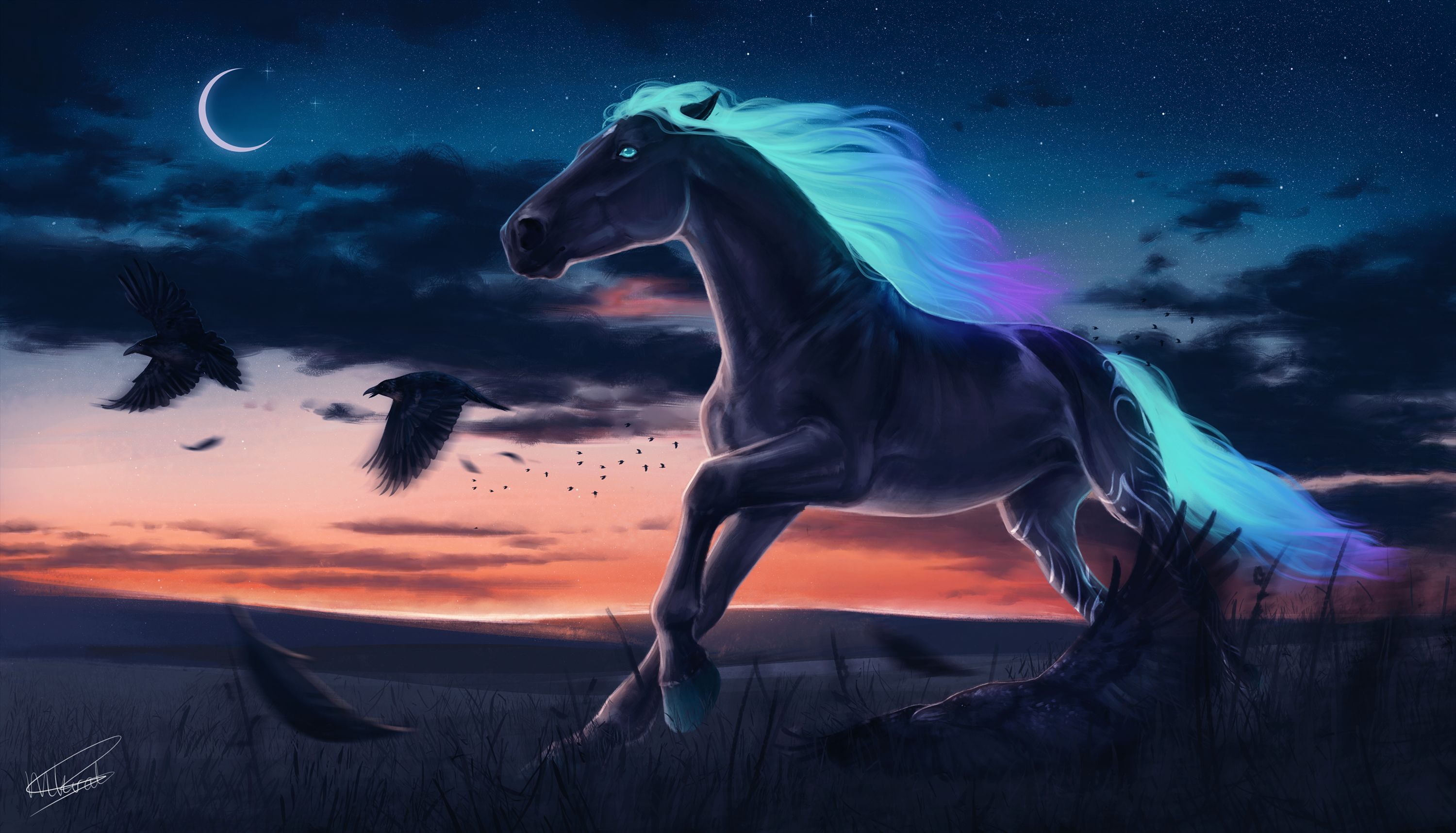 Download mobile wallpaper Fantasy, Night, Moon, Horse, Crow, Fantasy Animals for free.