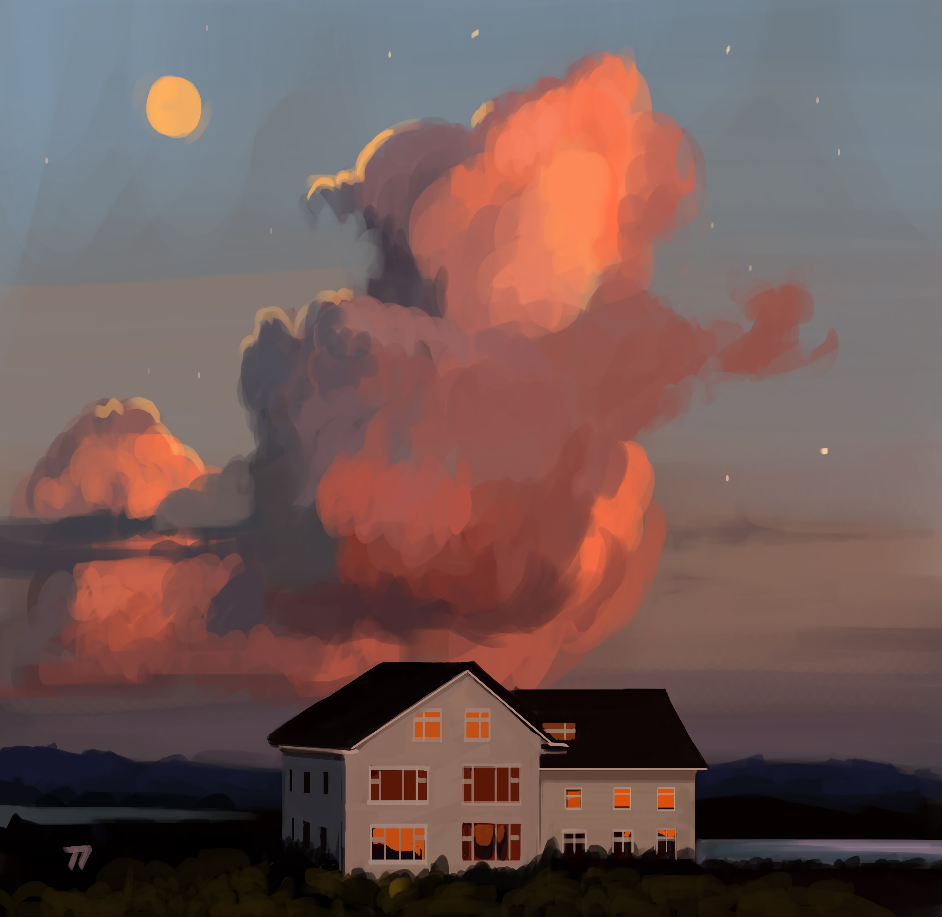 art, windows, house, sky