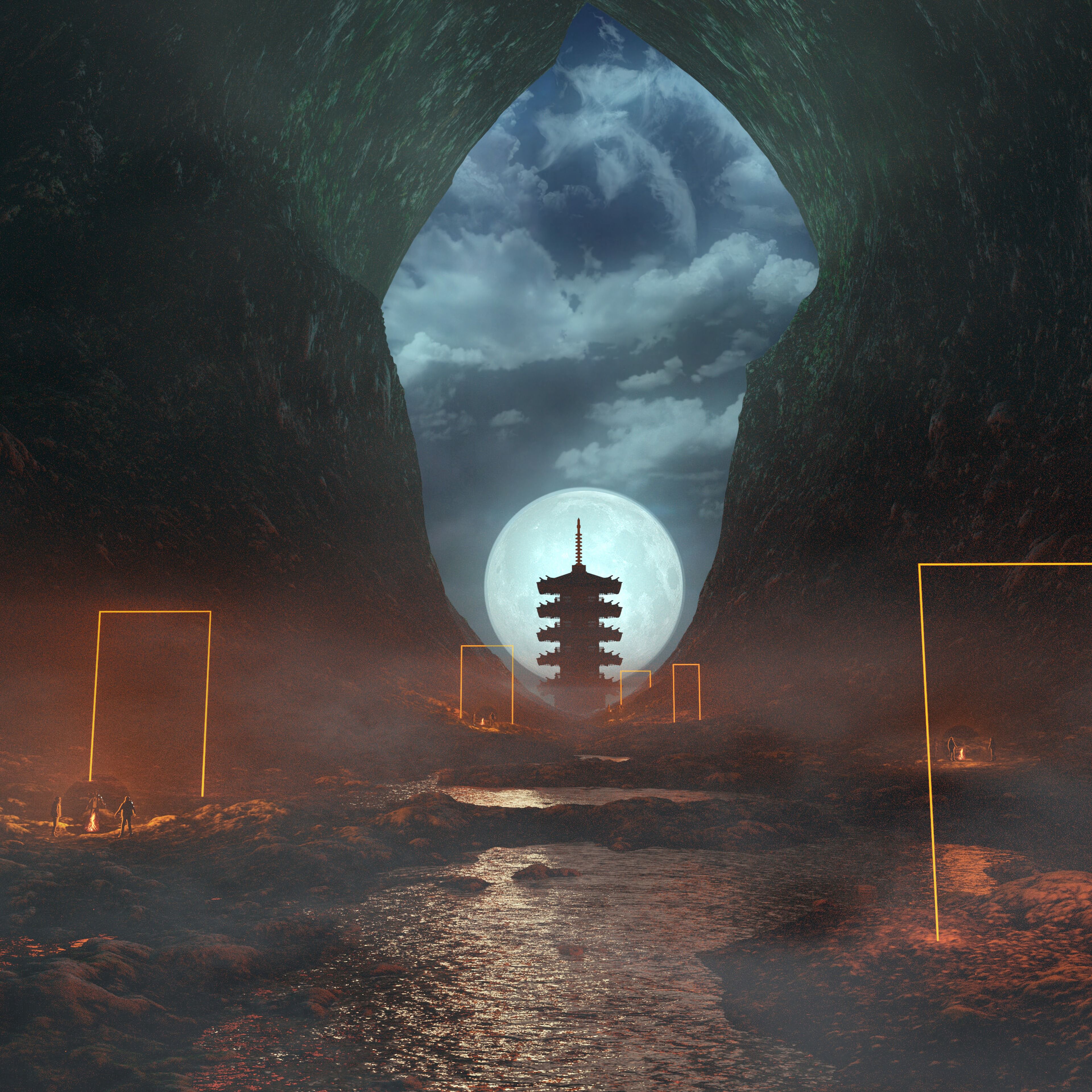 Скачать обои бесплатно Туман, Пагода, Ночь, Пещера, Луна, Арт картинка на рабочий стол ПК