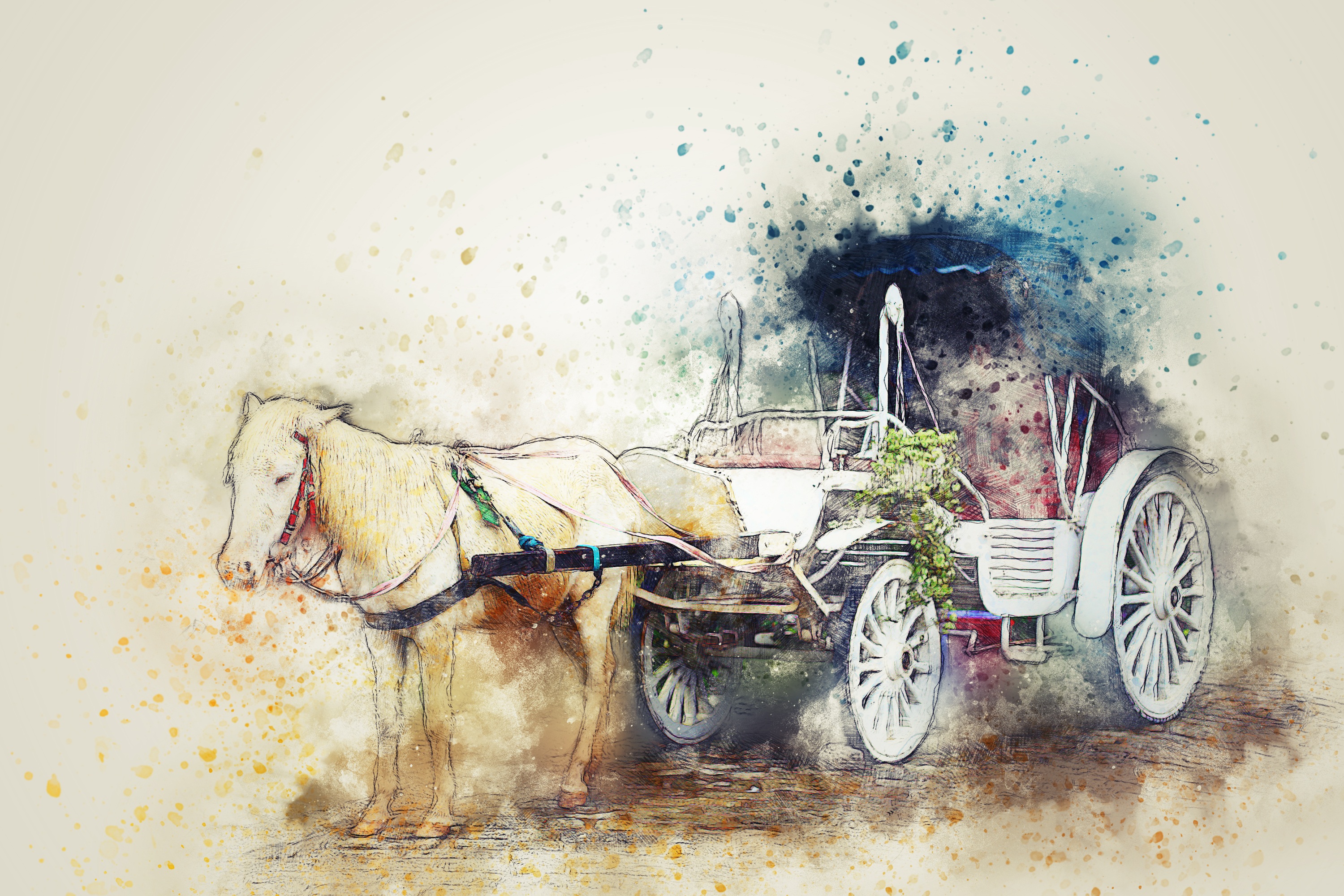watercolor, vehicles, horse drawn vehicle, carriage, cart, horse UHD