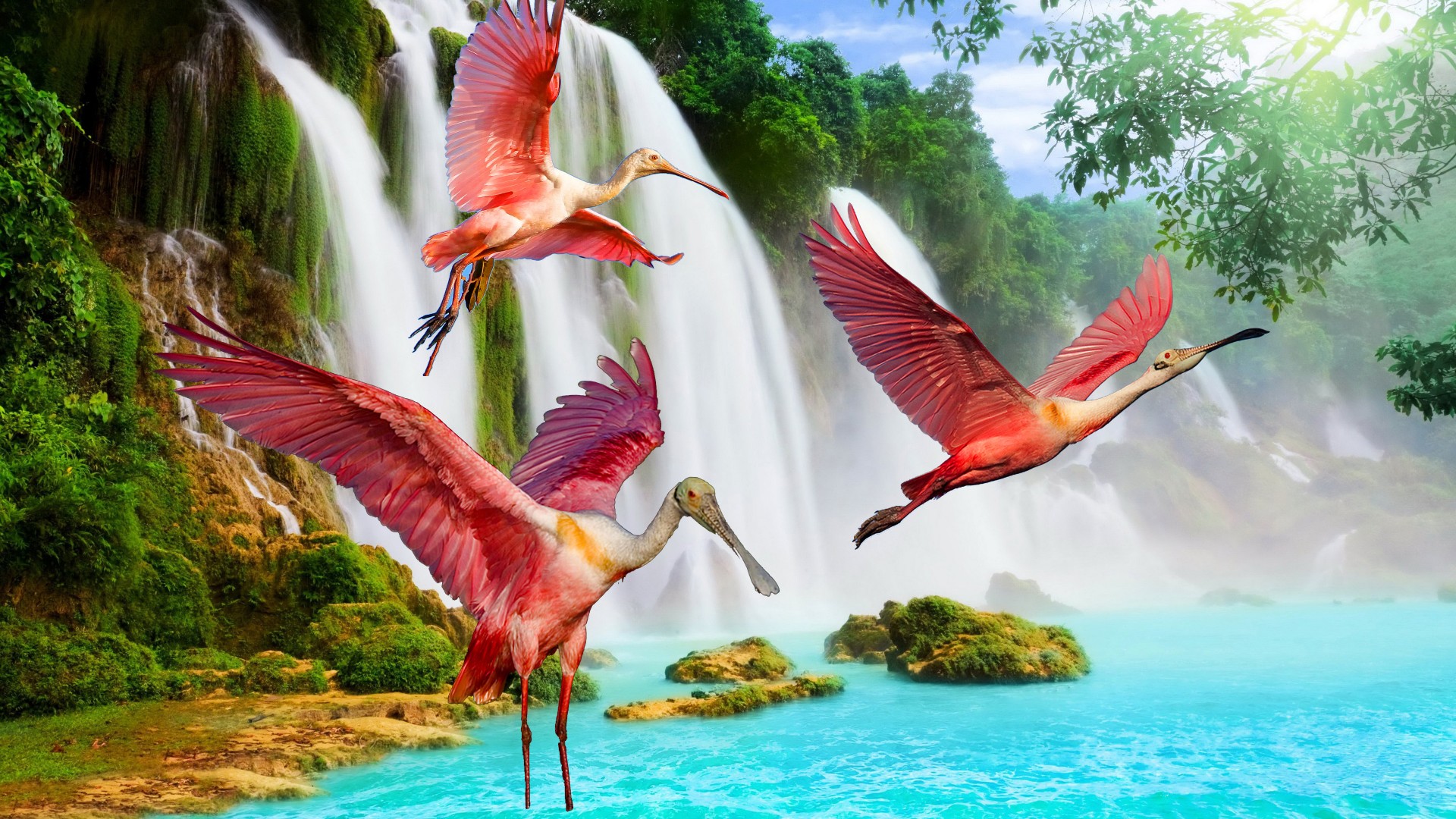 Красивый водопад и птицы