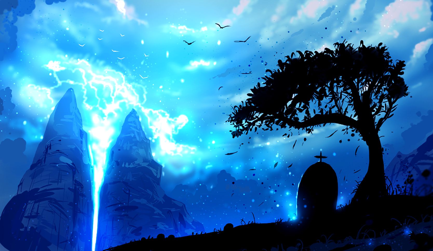 Download mobile wallpaper Anime, Sky, Lightning, Bird, Tree, Cloud, Original, Grave for free.