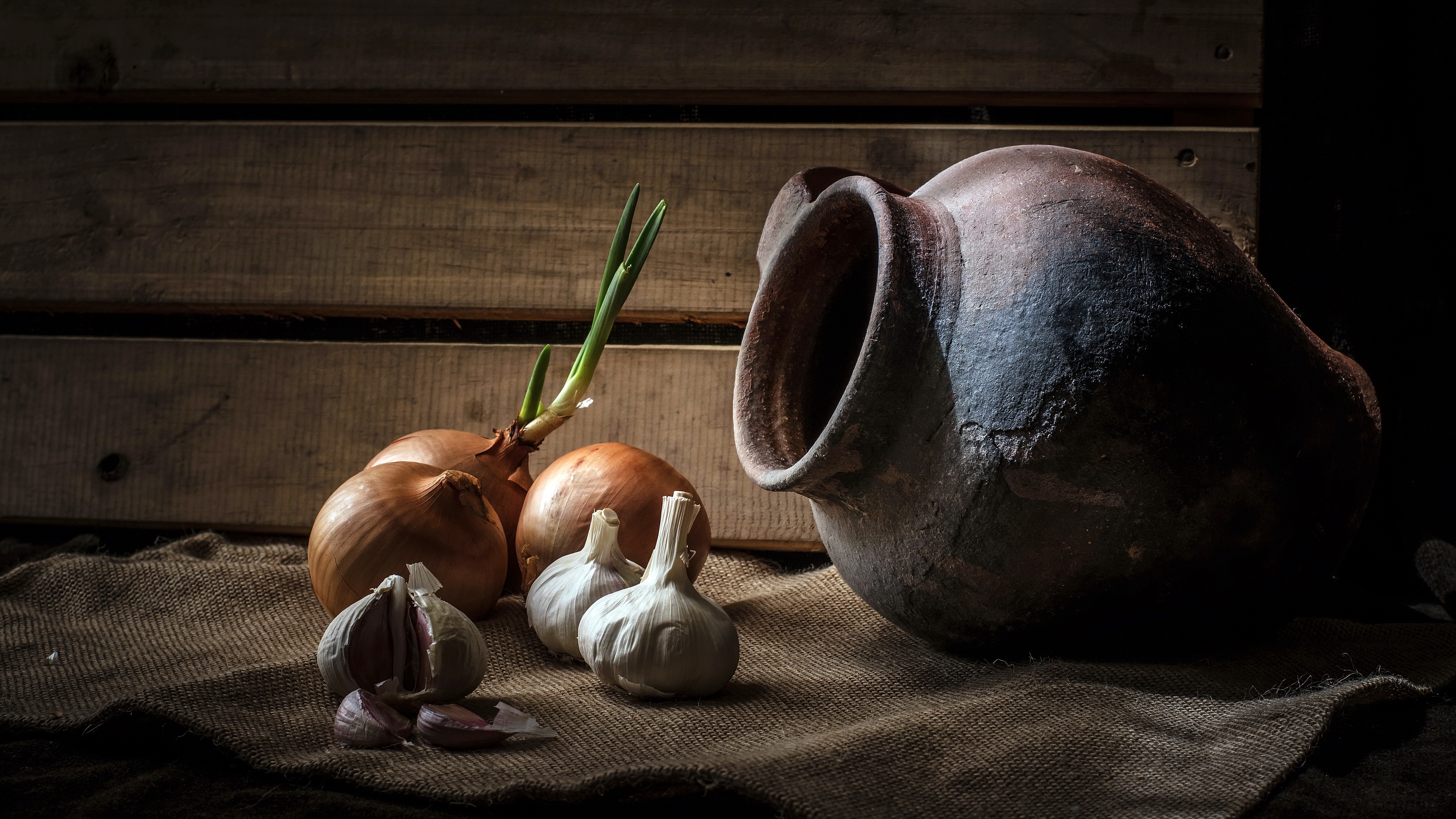 food, still life, garlic, jug, onion wallpaper for mobile