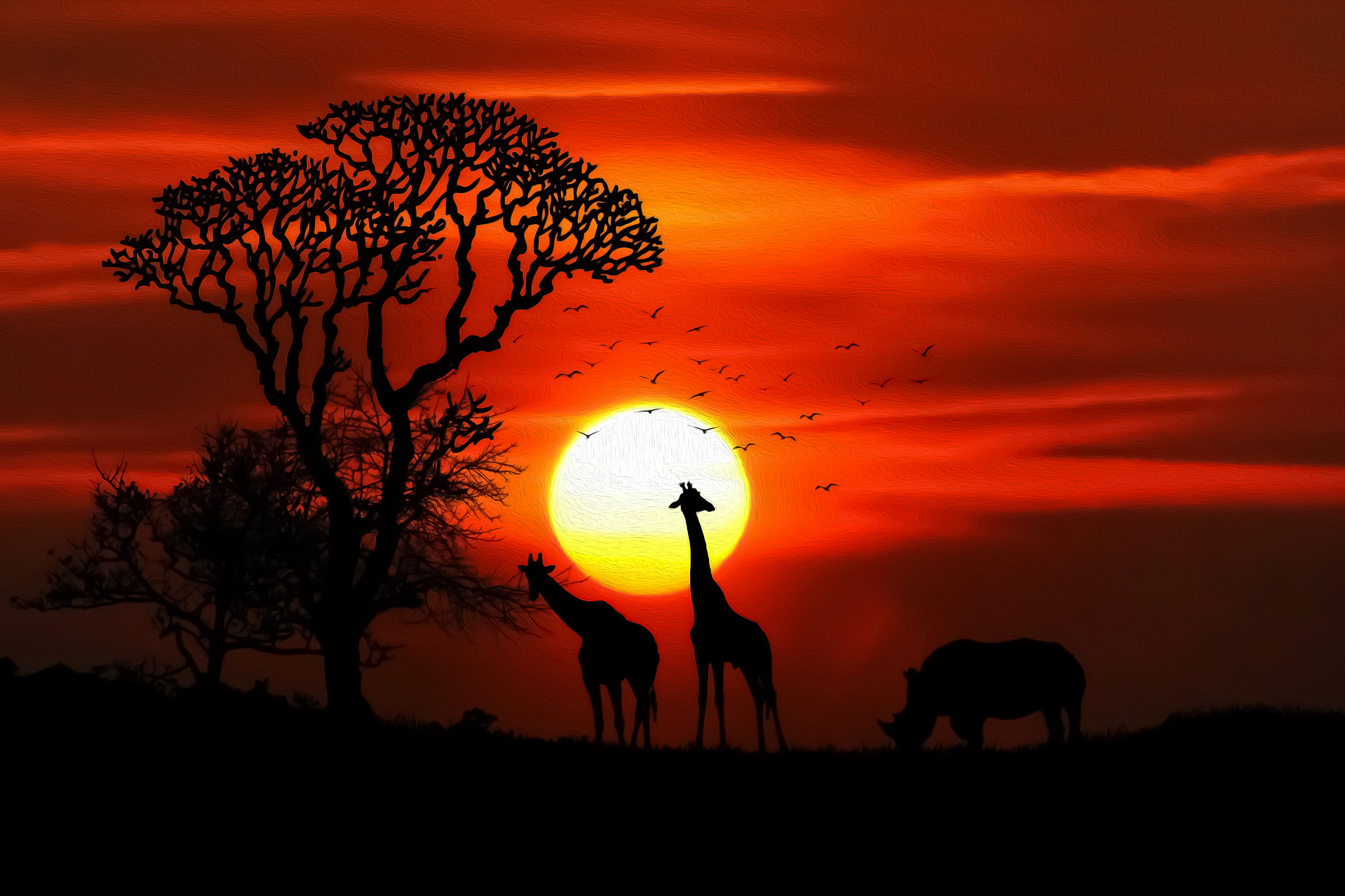 900756 скачать картинку художественные, закат солнца, жираф, силуэт - обои и заставки бесплатно