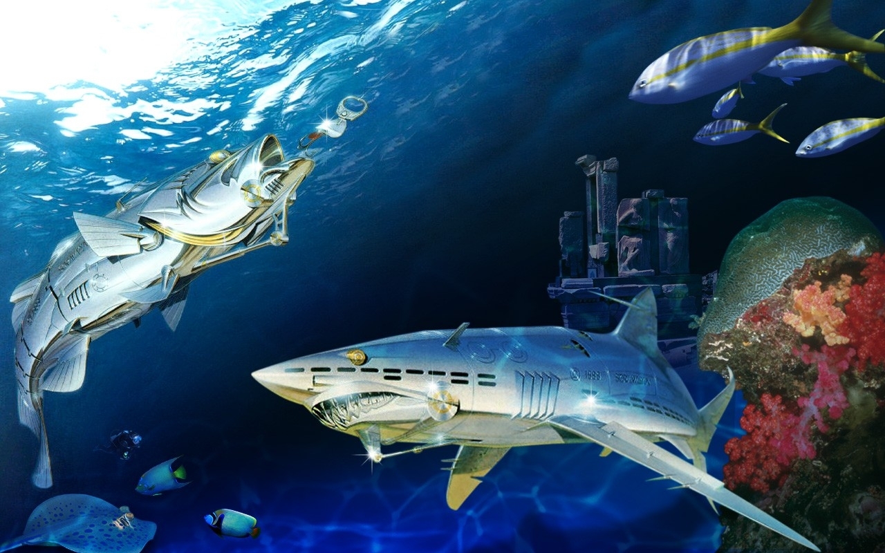 1462605 скачать обои морская жизнь, рыбы, научная фантастика, робот, риф, акула - заставки и картинки бесплатно