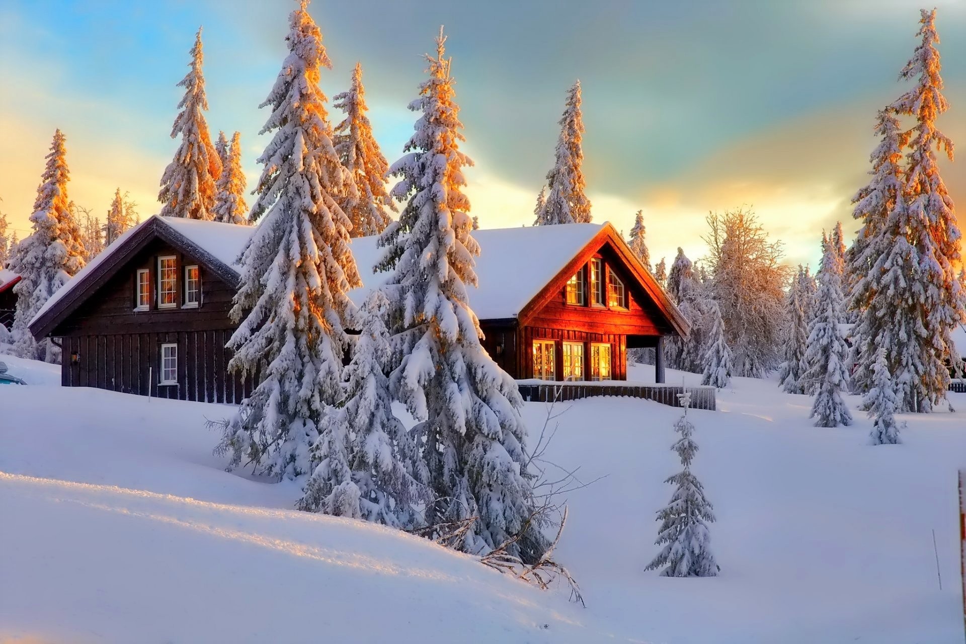 домики в зимнем пейзаже