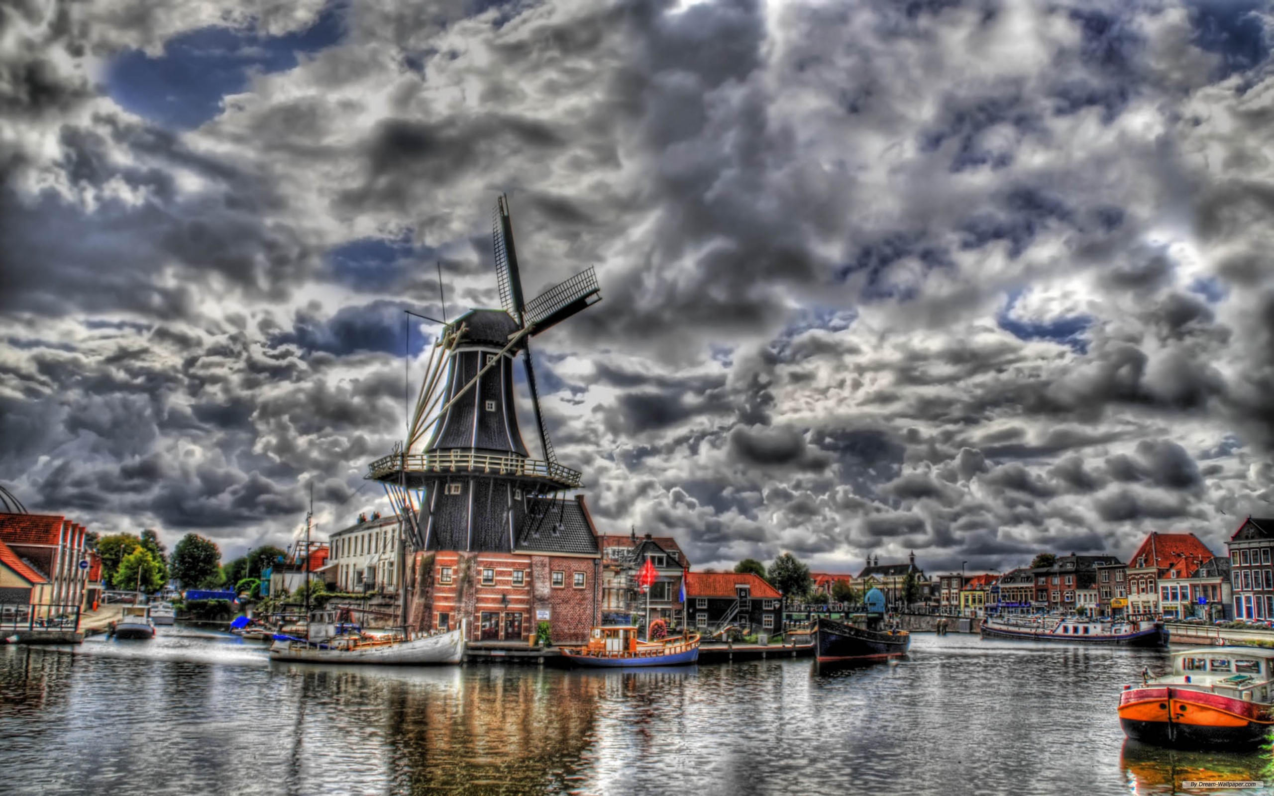 176002 скачать обои мельница, нидерланды, амстердам, фотографии, hdr, канал, облака - заставки и картинки бесплатно