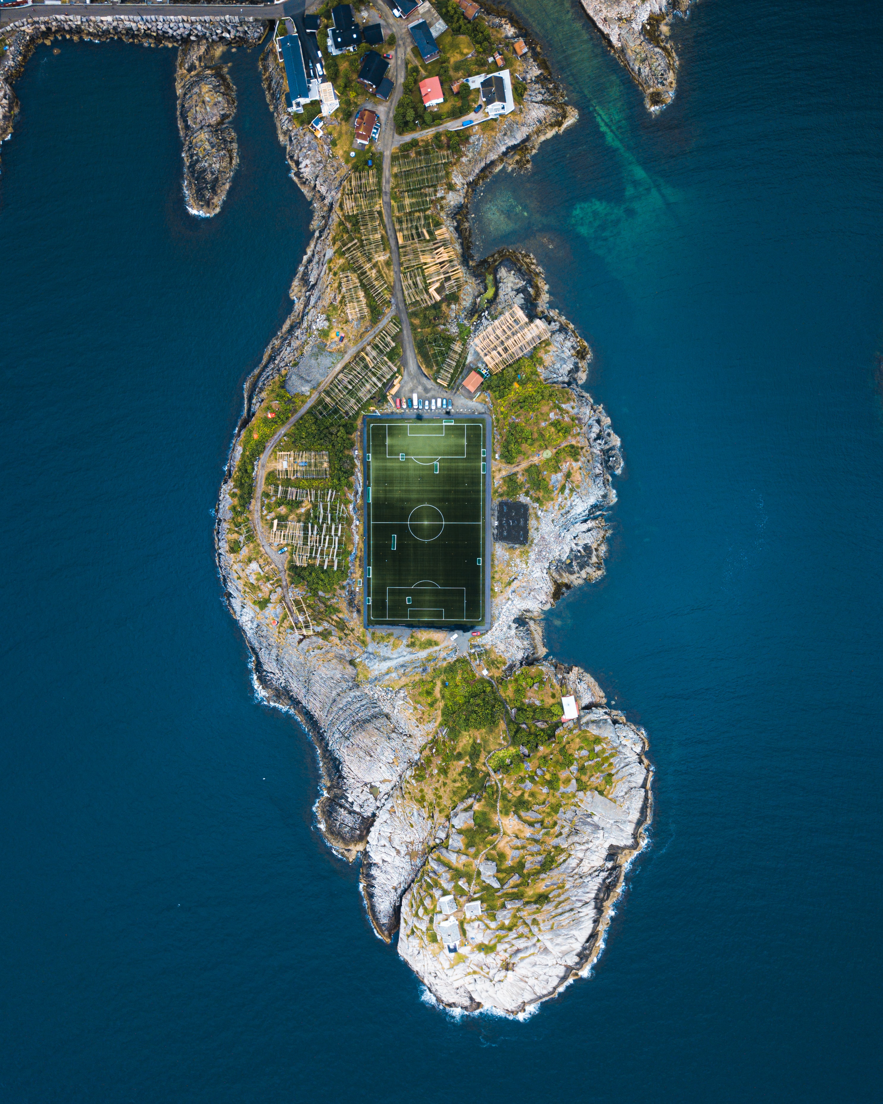 stadium, island, nature, sea, city, view from above for android