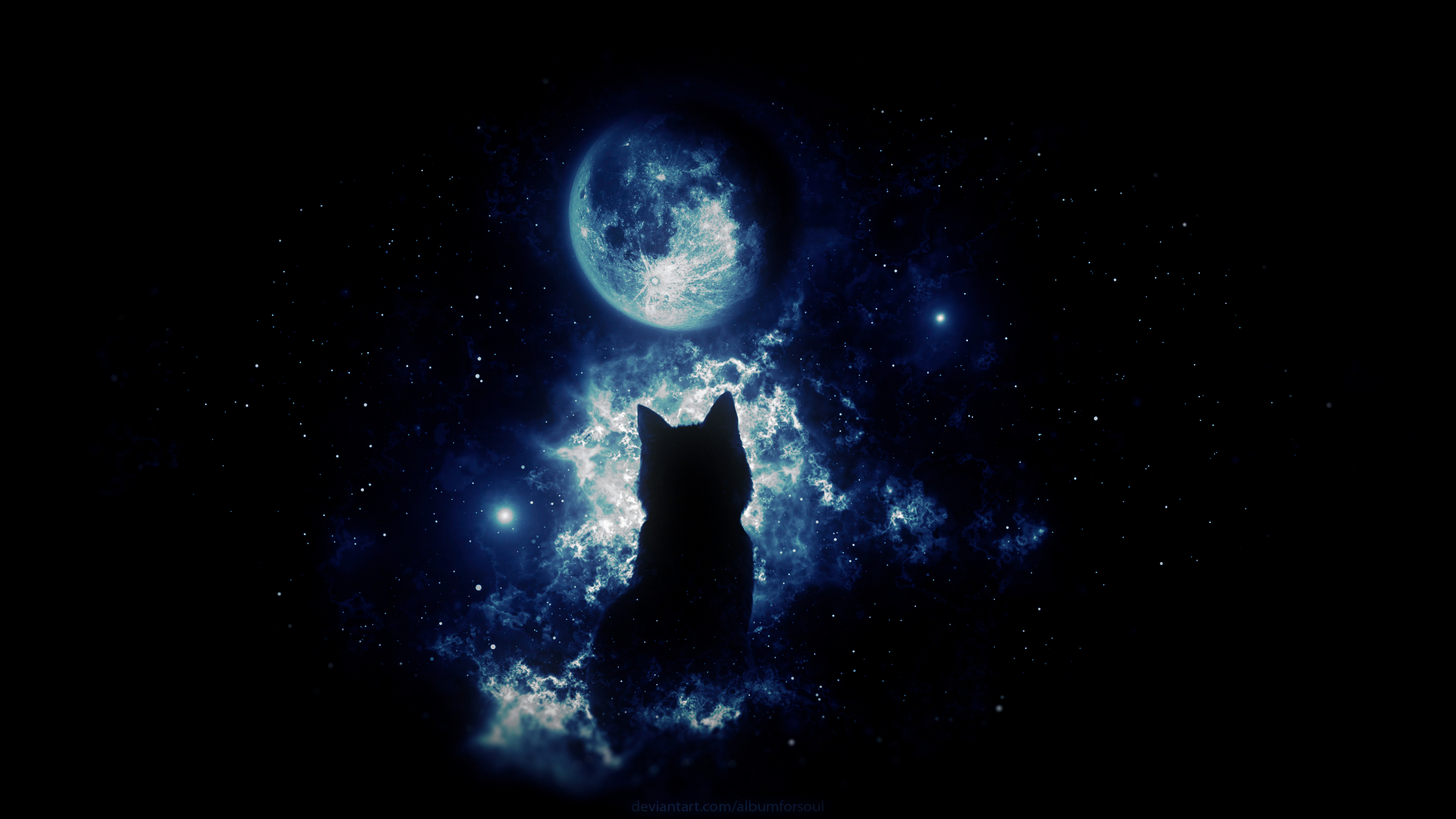 61068 завантажити шпалери зоряне небо, кішка, фантазія, арт, місяць, темні, темний, силует, кіт, фантазії - заставки і картинки безкоштовно