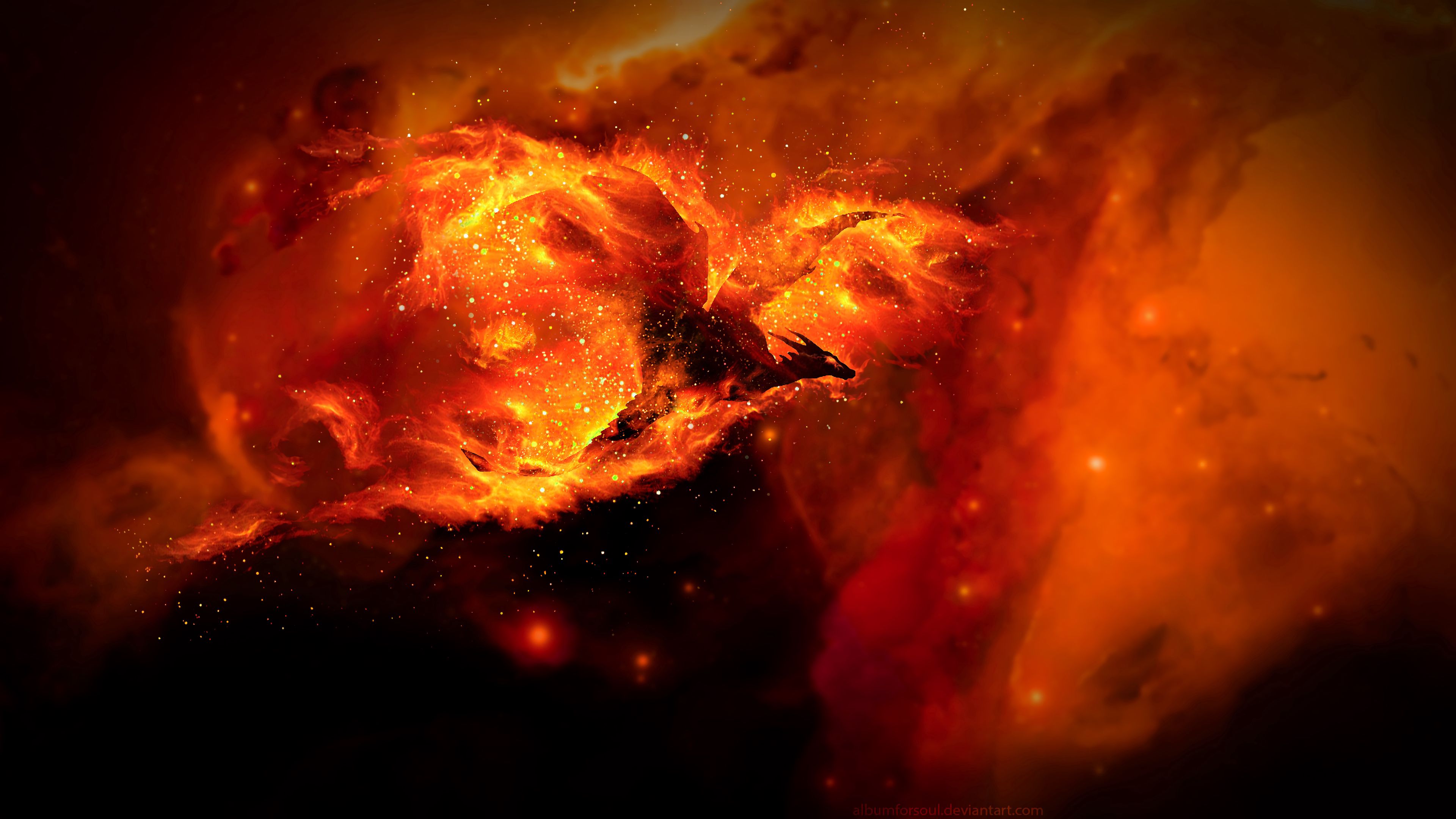 bright, fire, dragon, art, dark, flame, sparks Phone Background