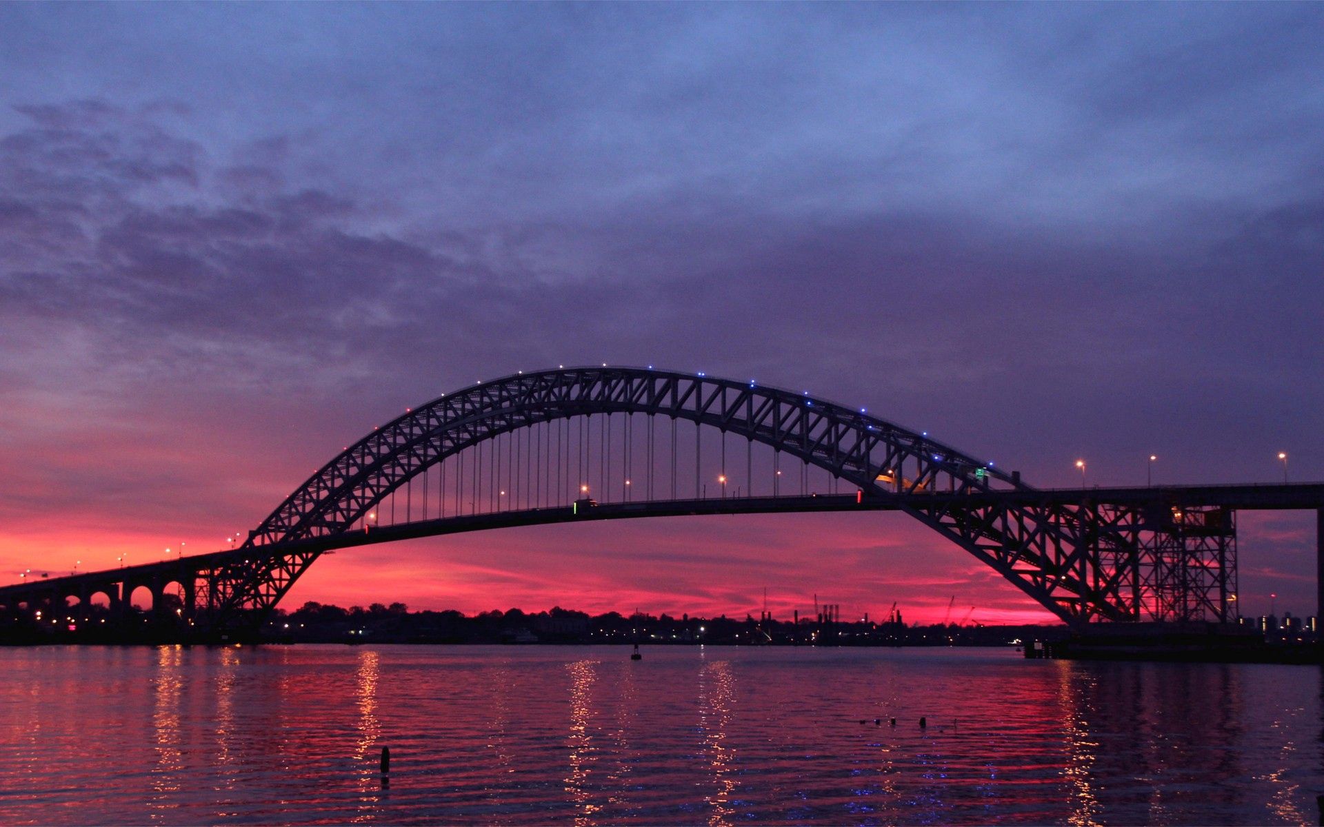 dusk, cities, rivers, sunset, twilight, usa, united states, new jersey, bayon bridge HD wallpaper