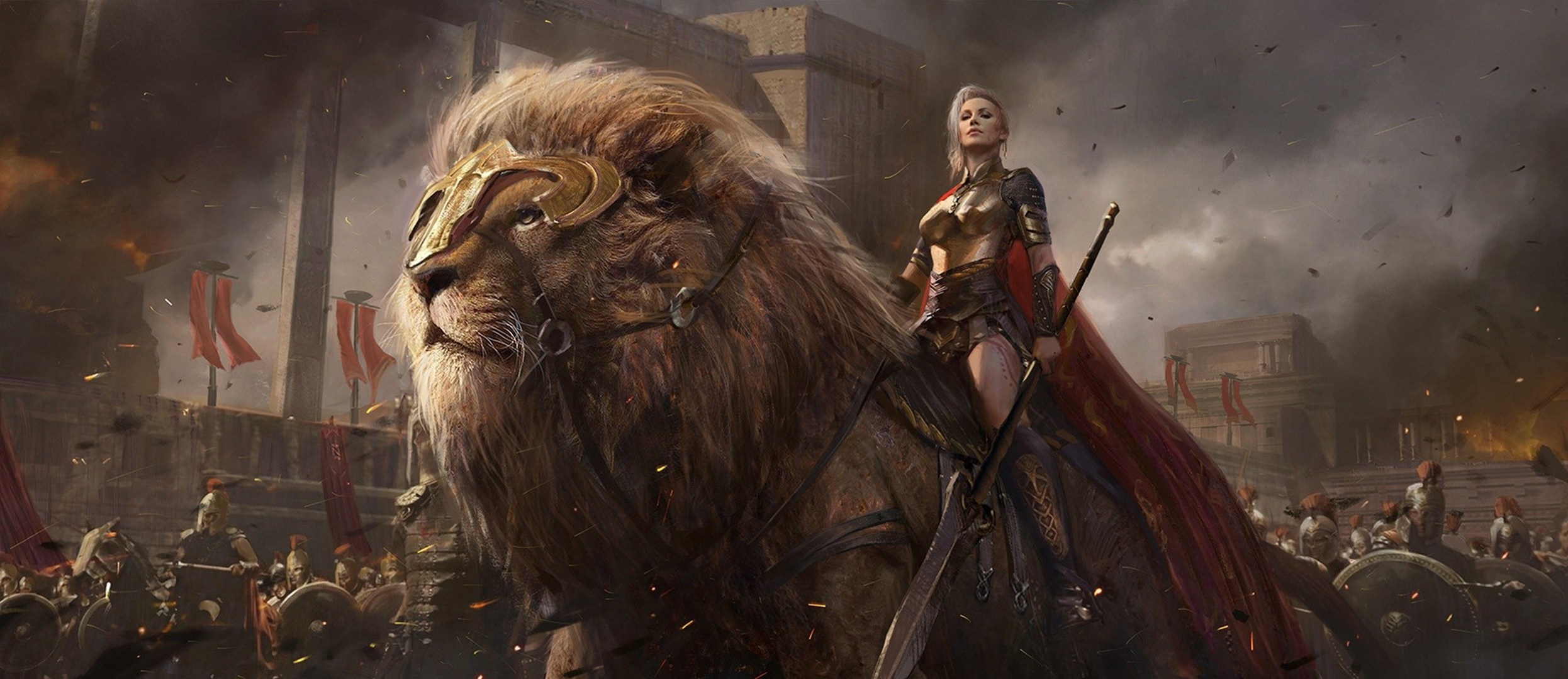 fantasy, women warrior, lion, spear, warrior, woman warrior