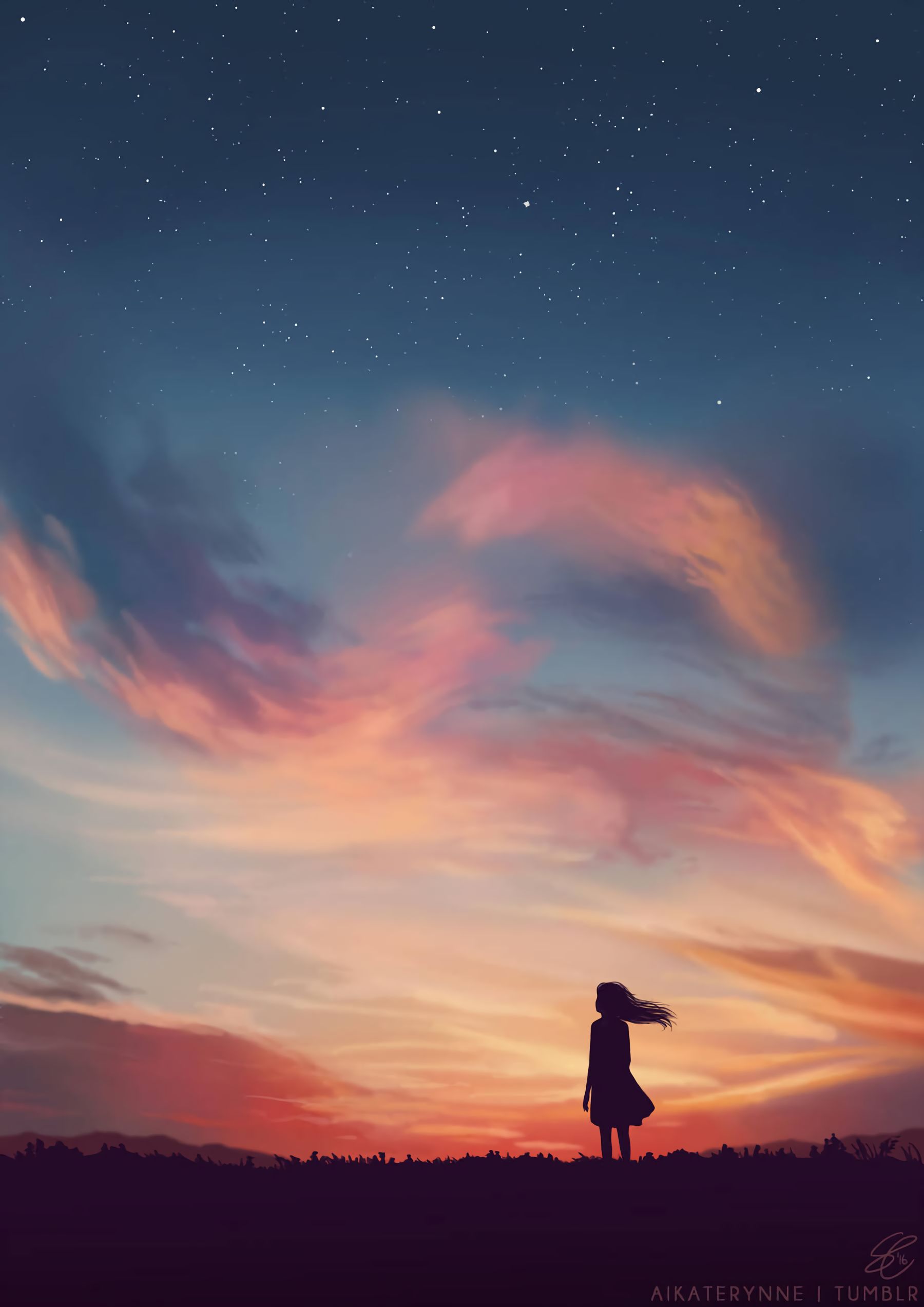 Download mobile wallpaper Loneliness, Field, Silhouette, Evening, Sky, Sunset, Art for free.