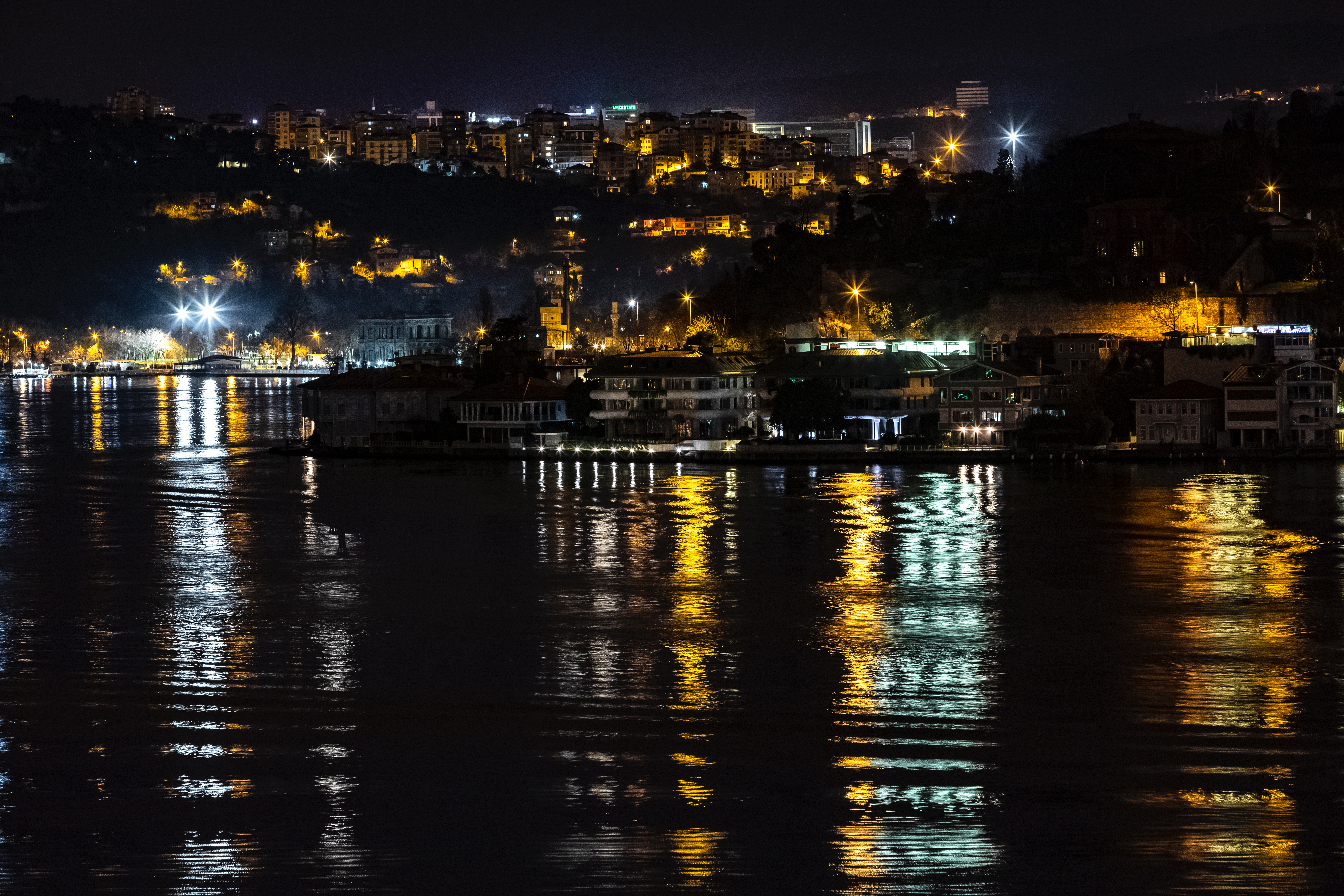 Download background bank, shine, istanbul, reflection, shore, dark, light, night city, city lights, turkey
