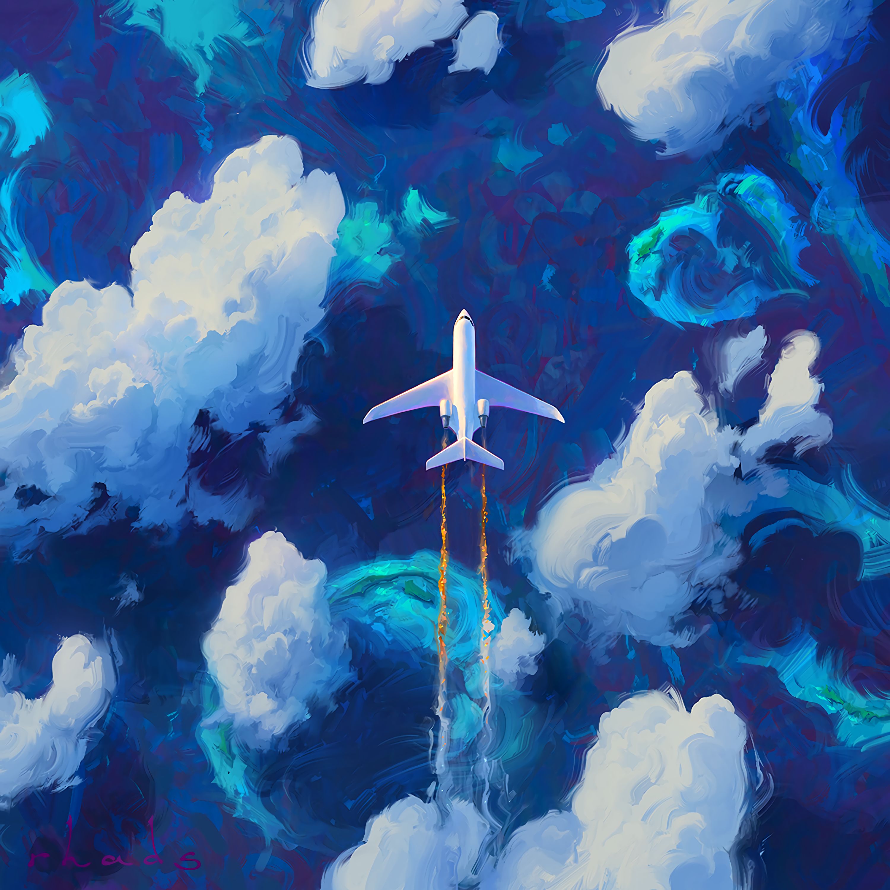 art, clouds, plane, flight, airplane, sky Full HD