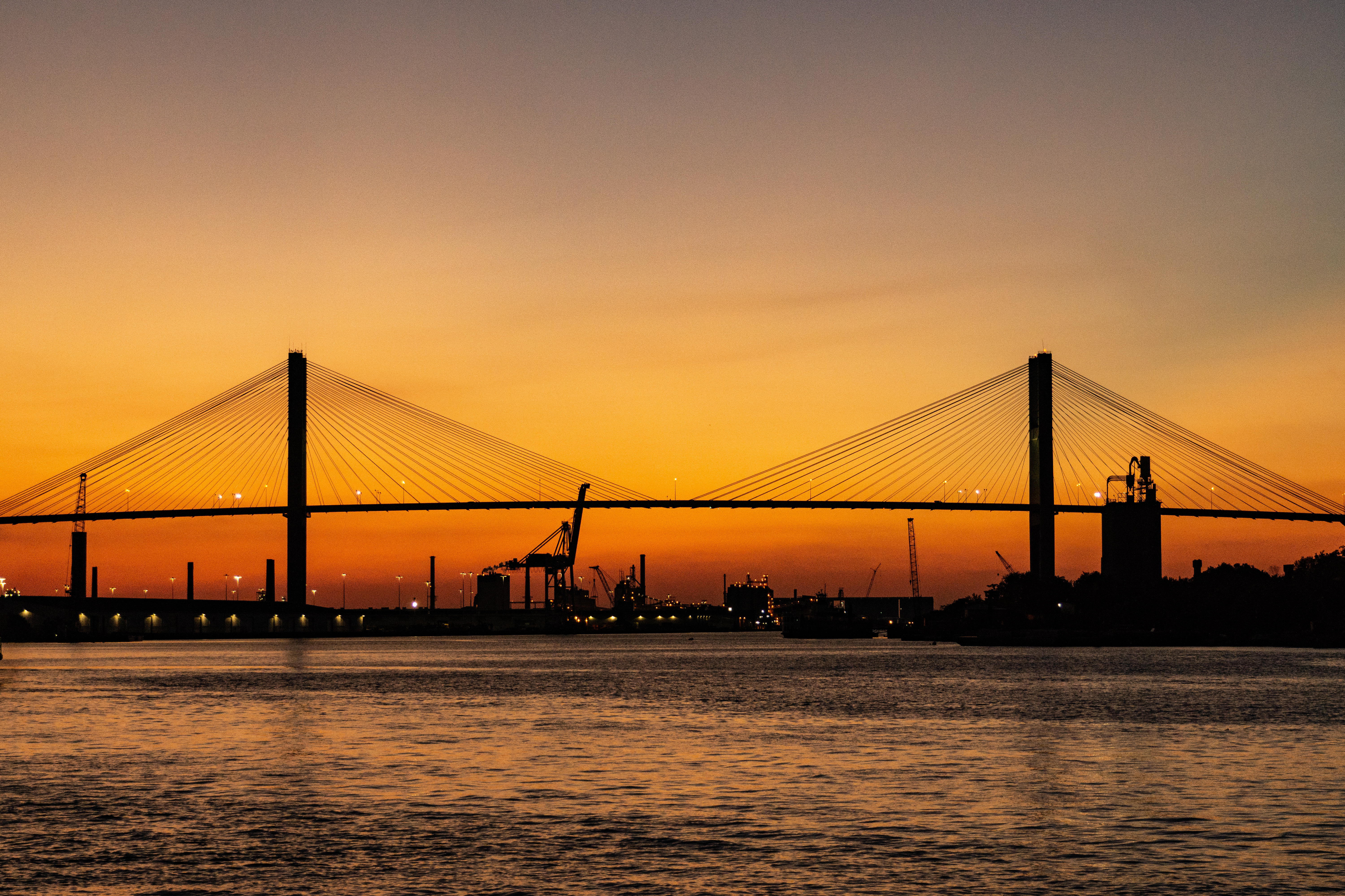 cities, sunset, horizon, bridge, port HD wallpaper
