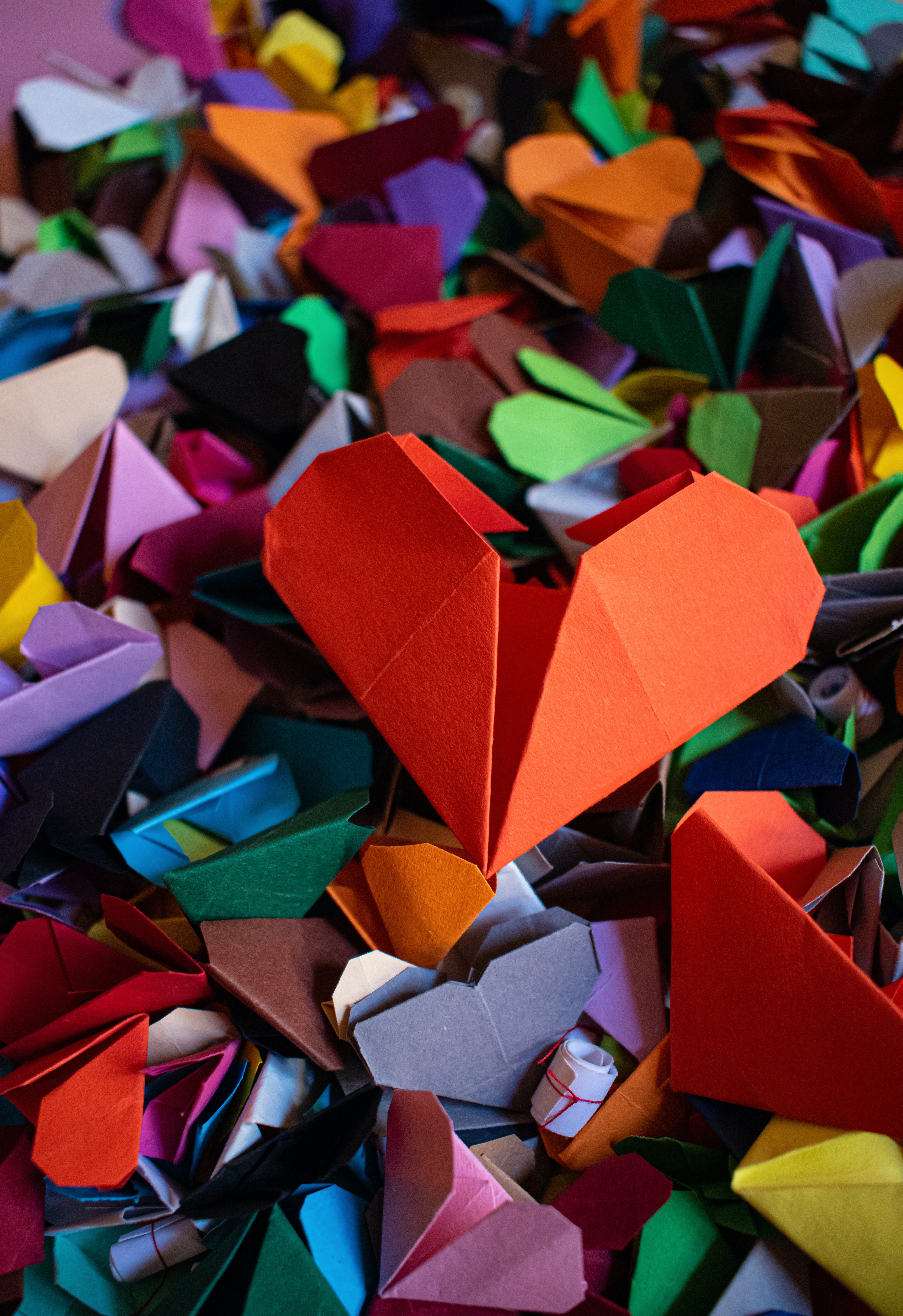 Download mobile wallpaper Origami, Paper, Motley, Multicolored, Hearts, Love for free.