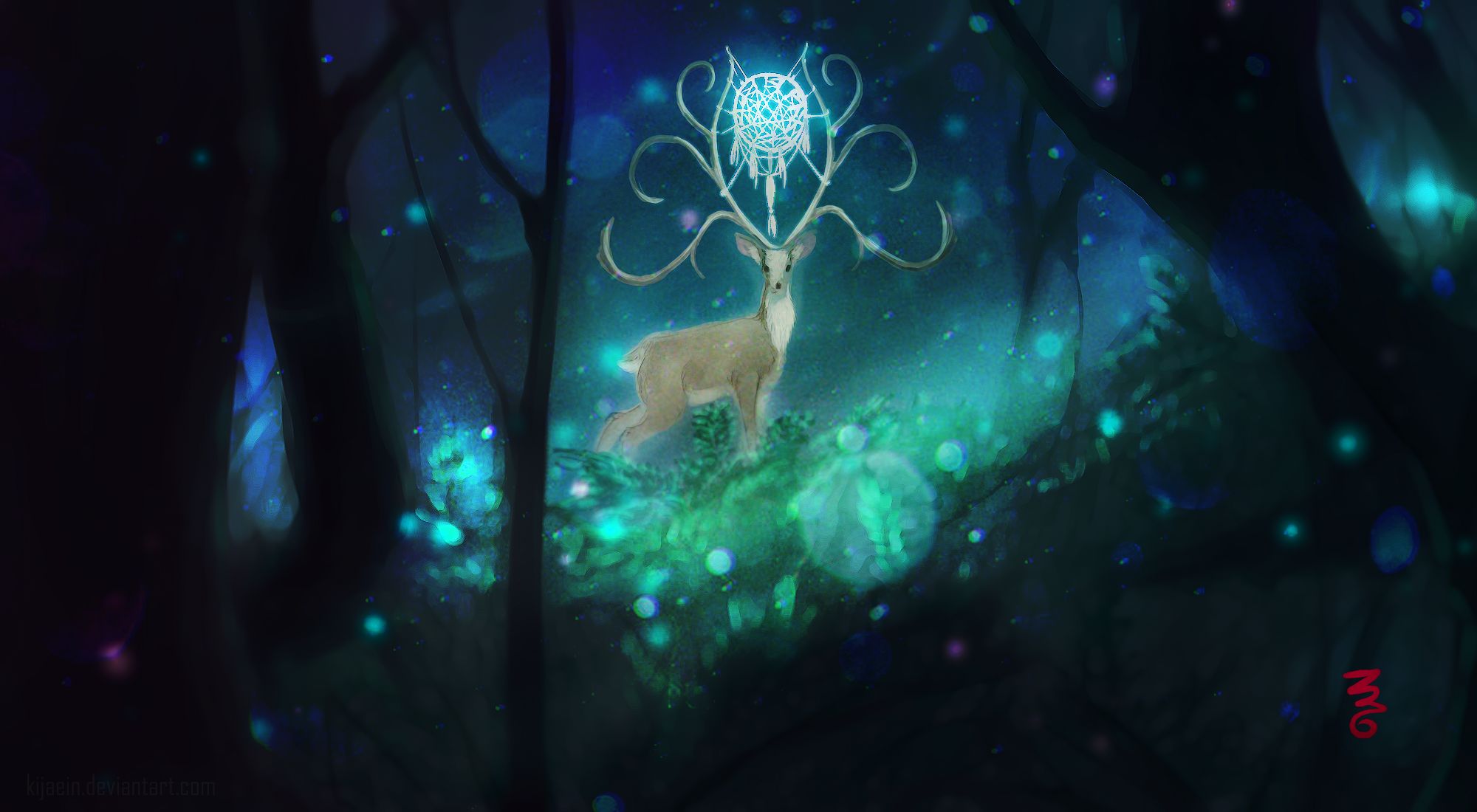 fantasy, deer, dreamcatcher, forest, magic, night, fantasy animals