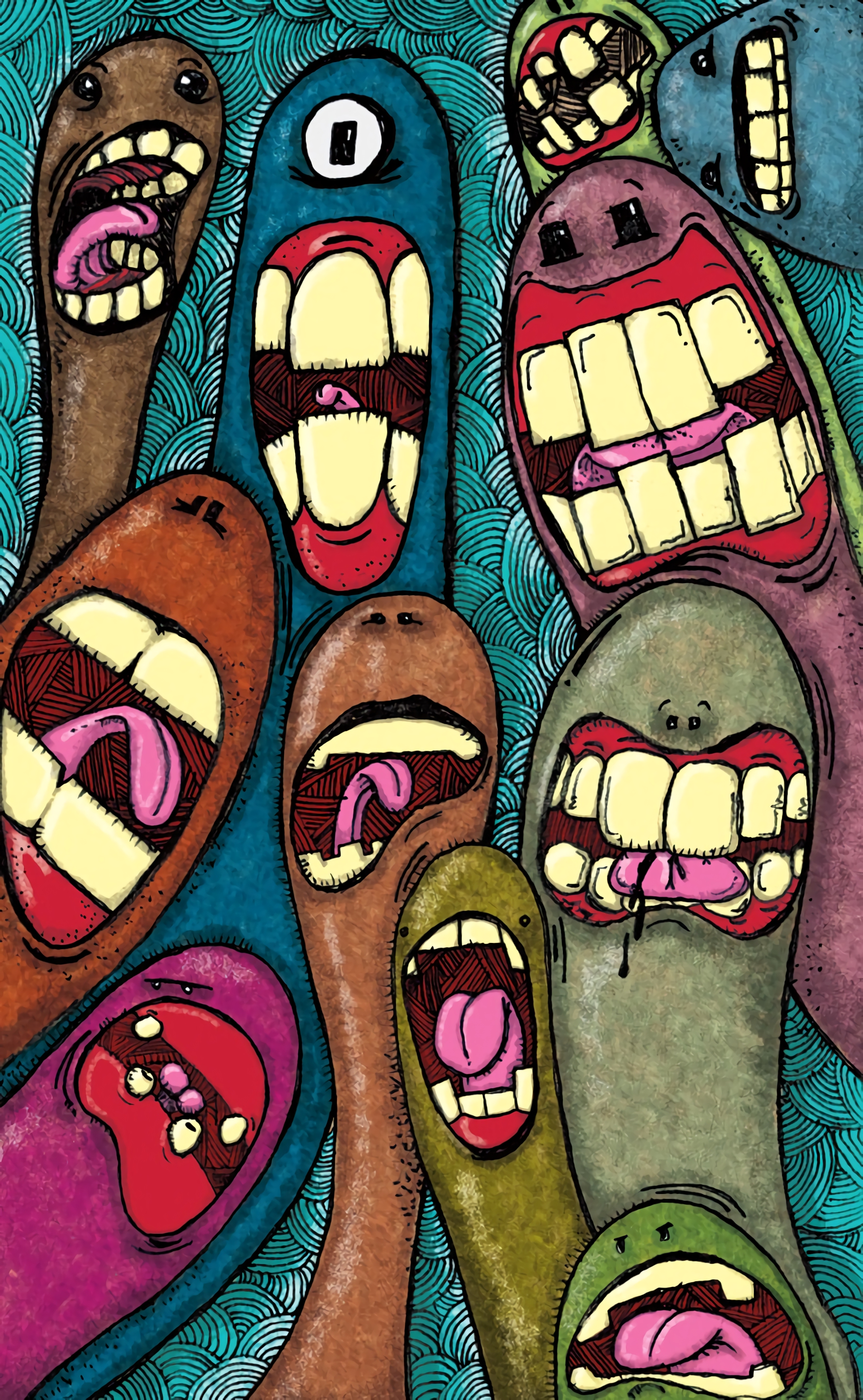 android art, teeth, multicolored, monsters, motley