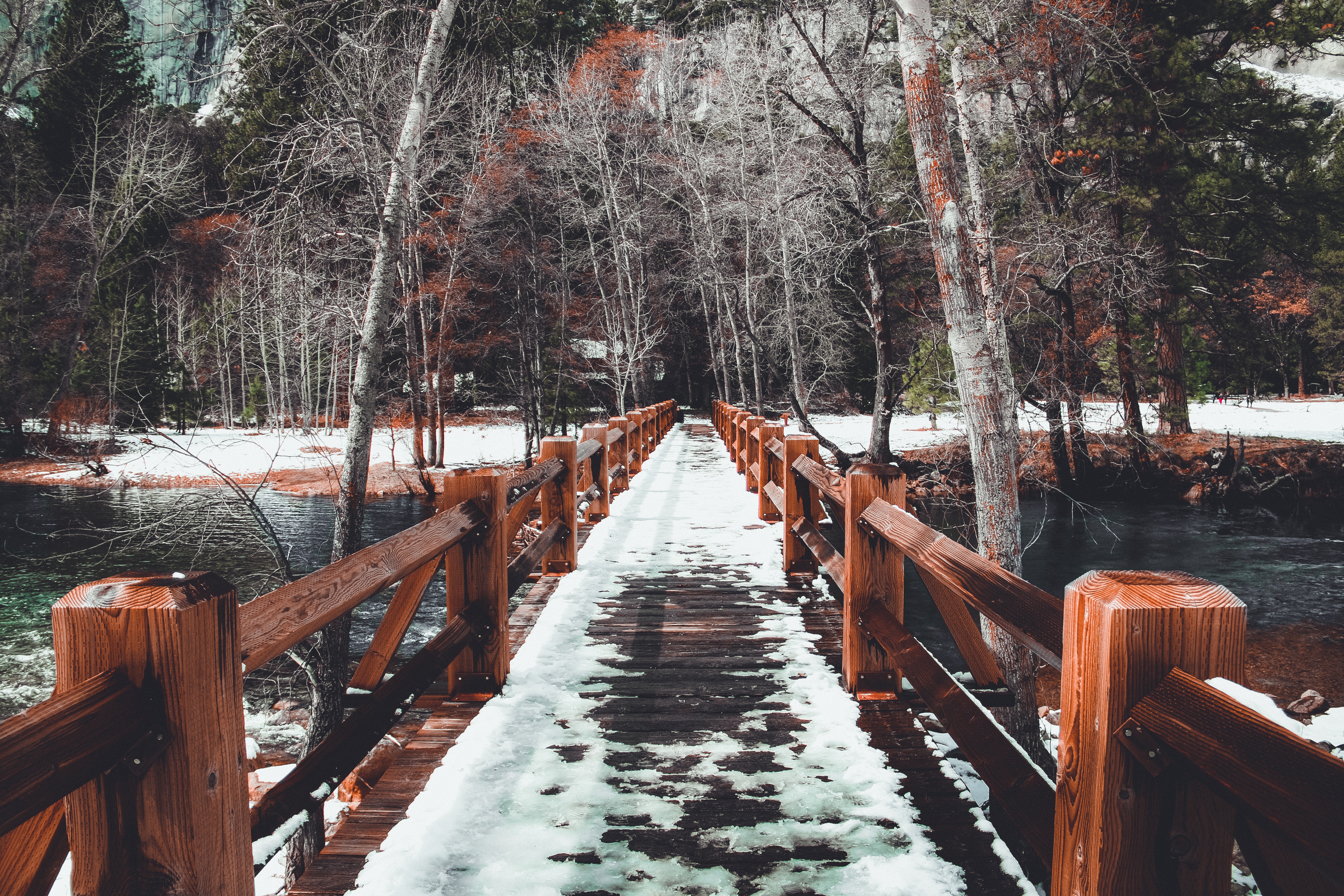 Download mobile wallpaper Bridge, Trees, Snow, Winter, Nature, Spring for free.