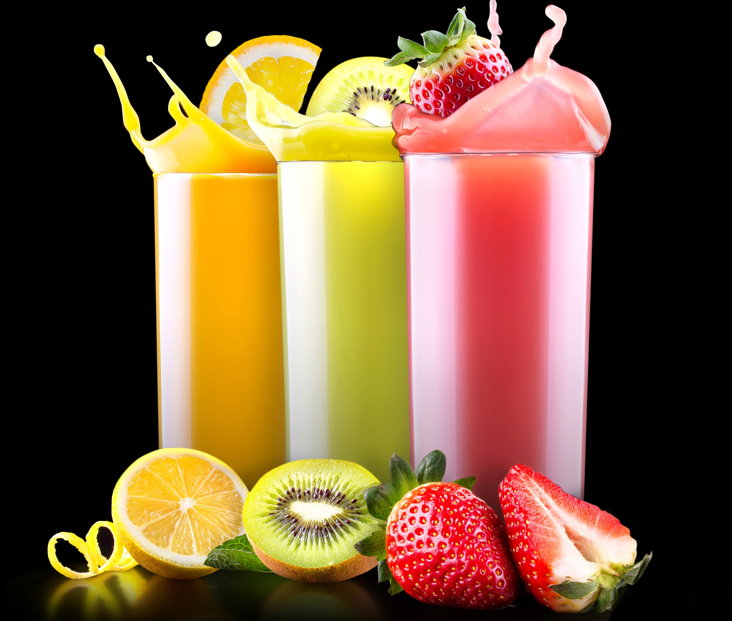 drink, kiwi, juice, food, fruit, glass, orange (color), orange (fruit), strawberry Full HD