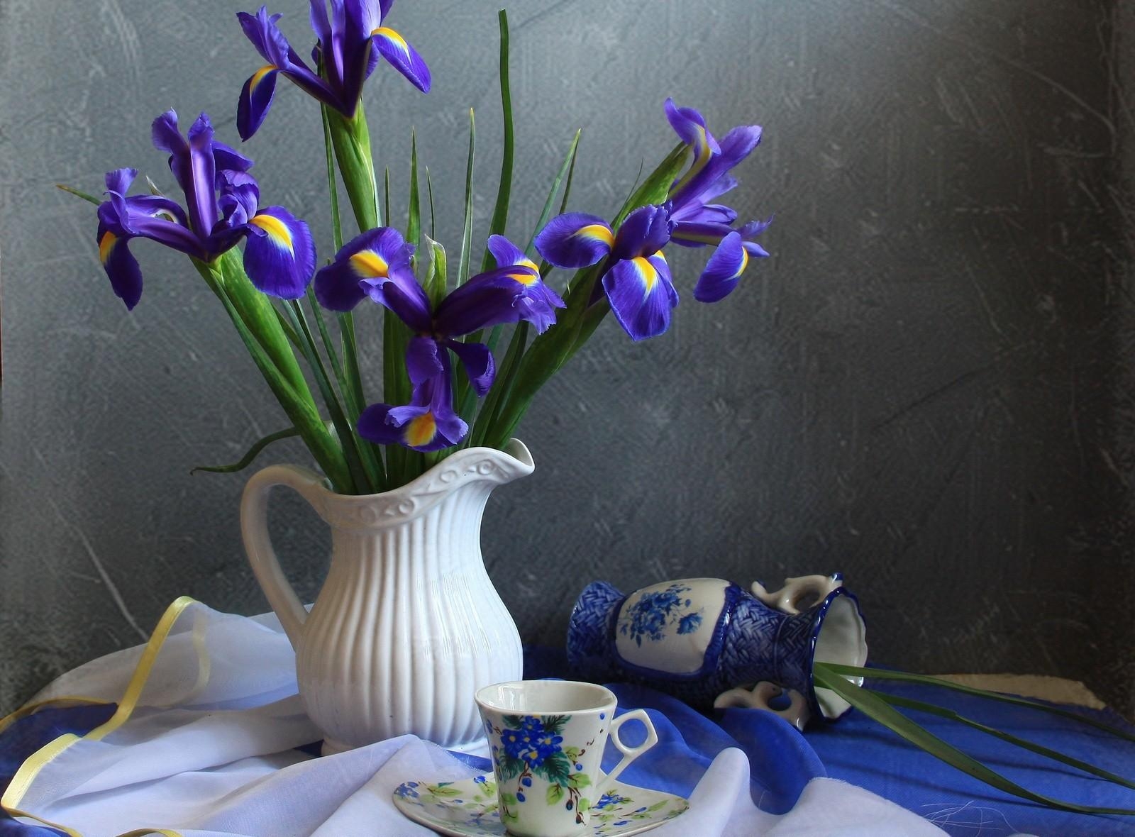 android tea pair, flowers, jug, irises, tablecloth