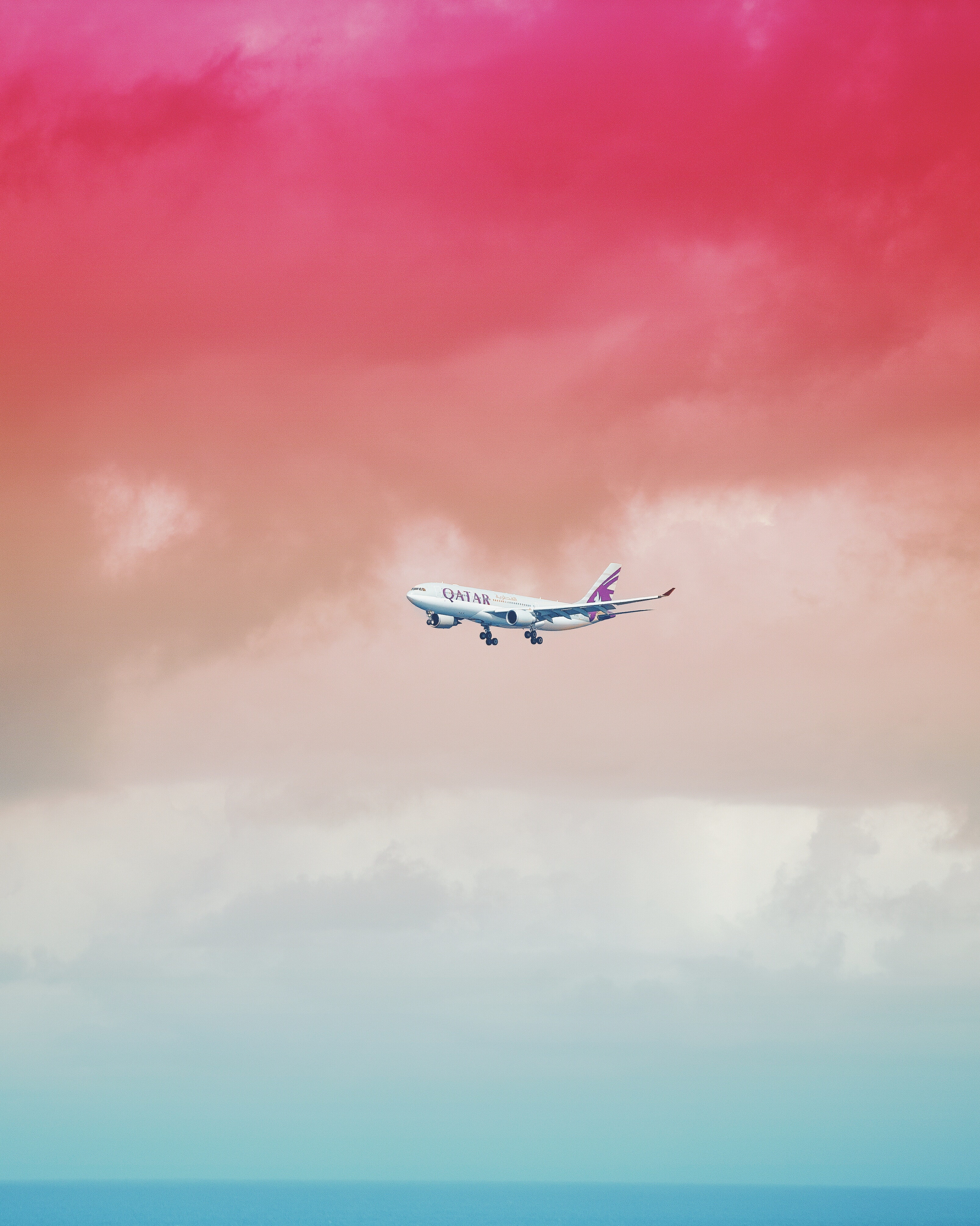 plane, colorful, sky, clouds, miscellanea, miscellaneous, flight, airplane, colourful, gradient
