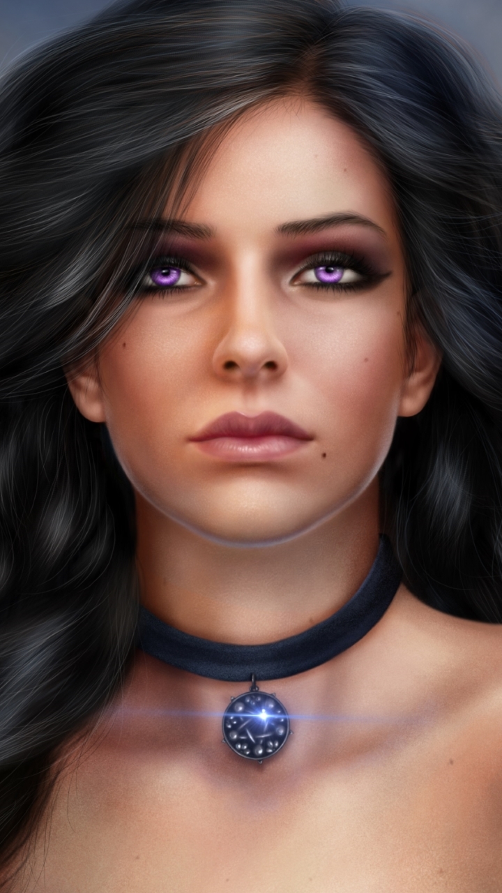 video game, the witcher 3: wild hunt, necklace, purple eyes, yennefer of vengerberg, long hair, black hair, amulet, the witcher lock screen backgrounds