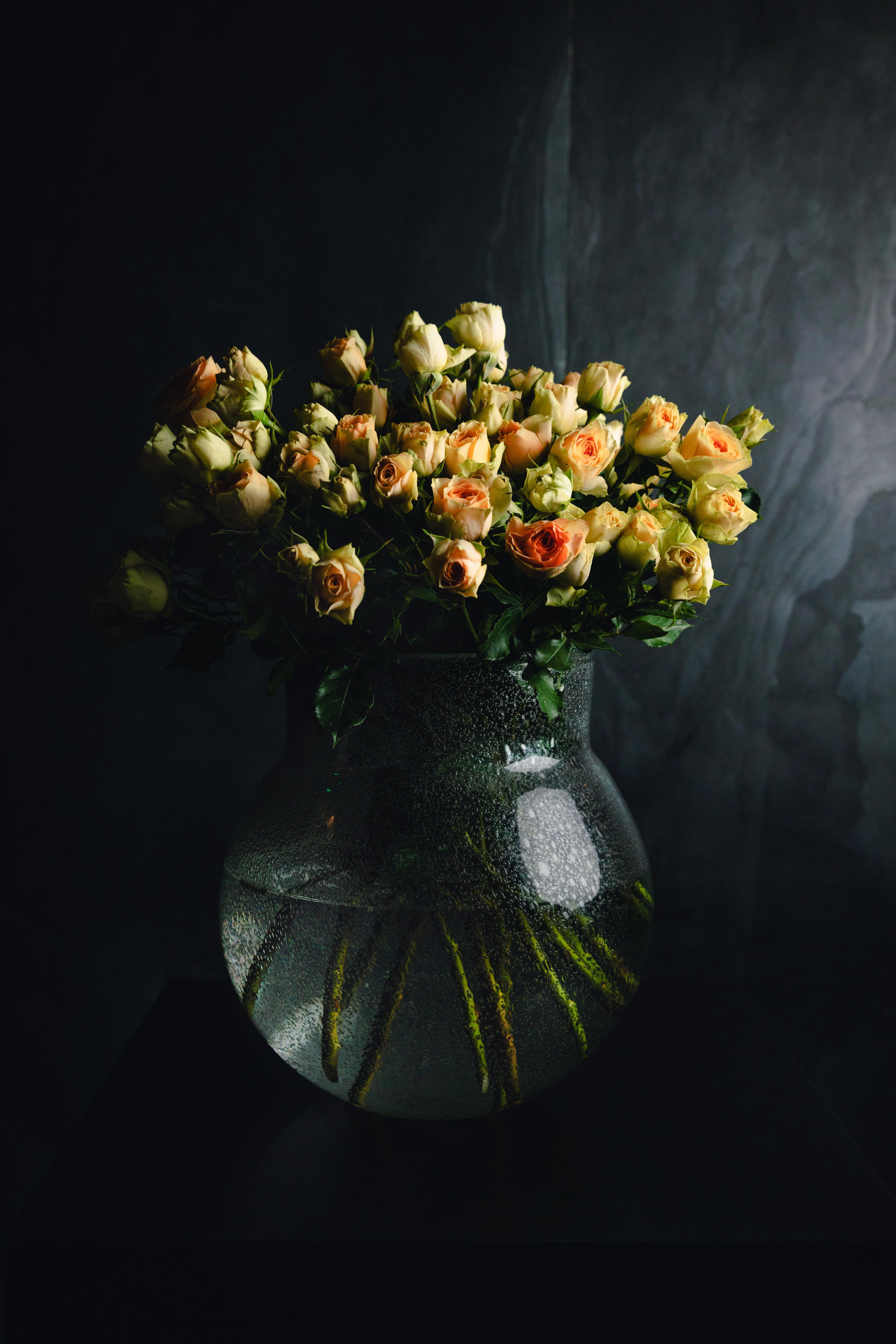 98713 скачать обои ваза, розы, букет, цветы, темный - заставки и картинки бесплатно